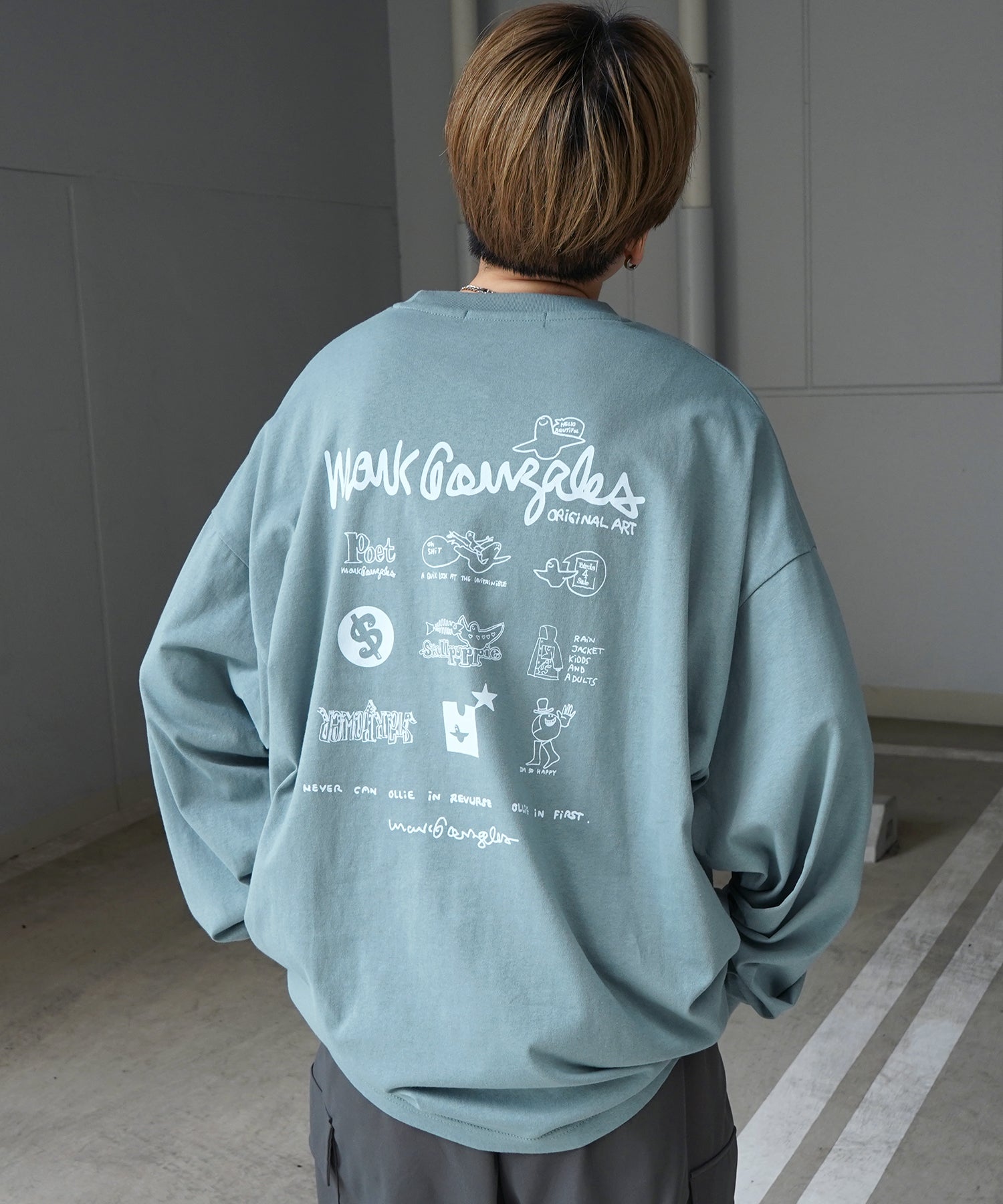 【MARK GONZALES ARTWORK COLLECTION / マーク ゴンザレス】ワンポイント刺繍 / バックプリント / 袖プリント ビッグシルエットロンT