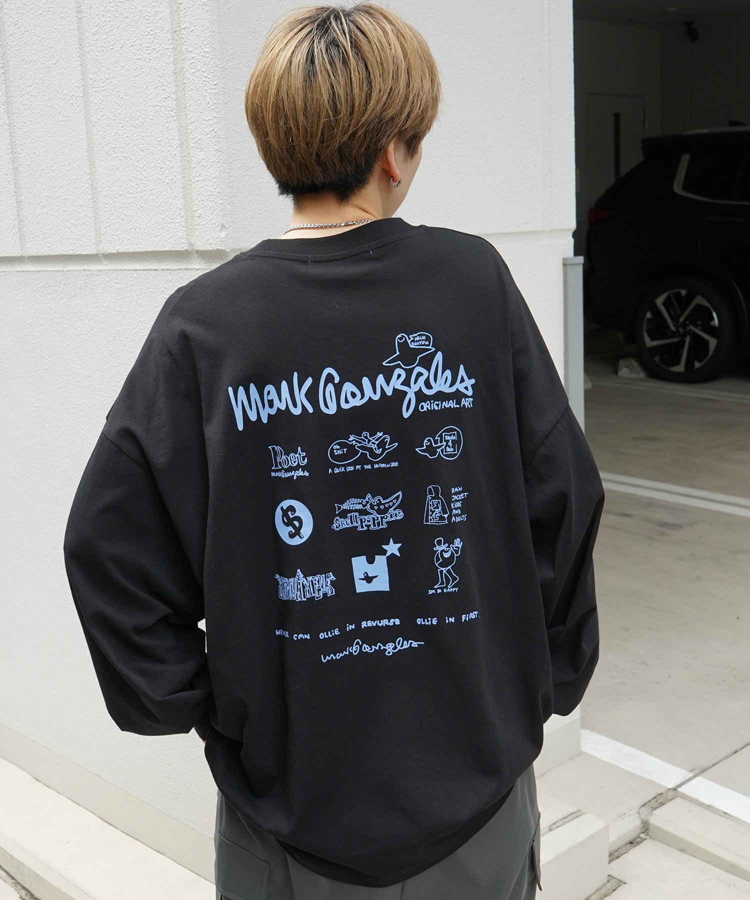 【MARK GONZALES ARTWORK COLLECTION / マーク ゴンザレス】ワンポイント刺繍 / バックプリント / 袖プリント ビッグシルエットロンT