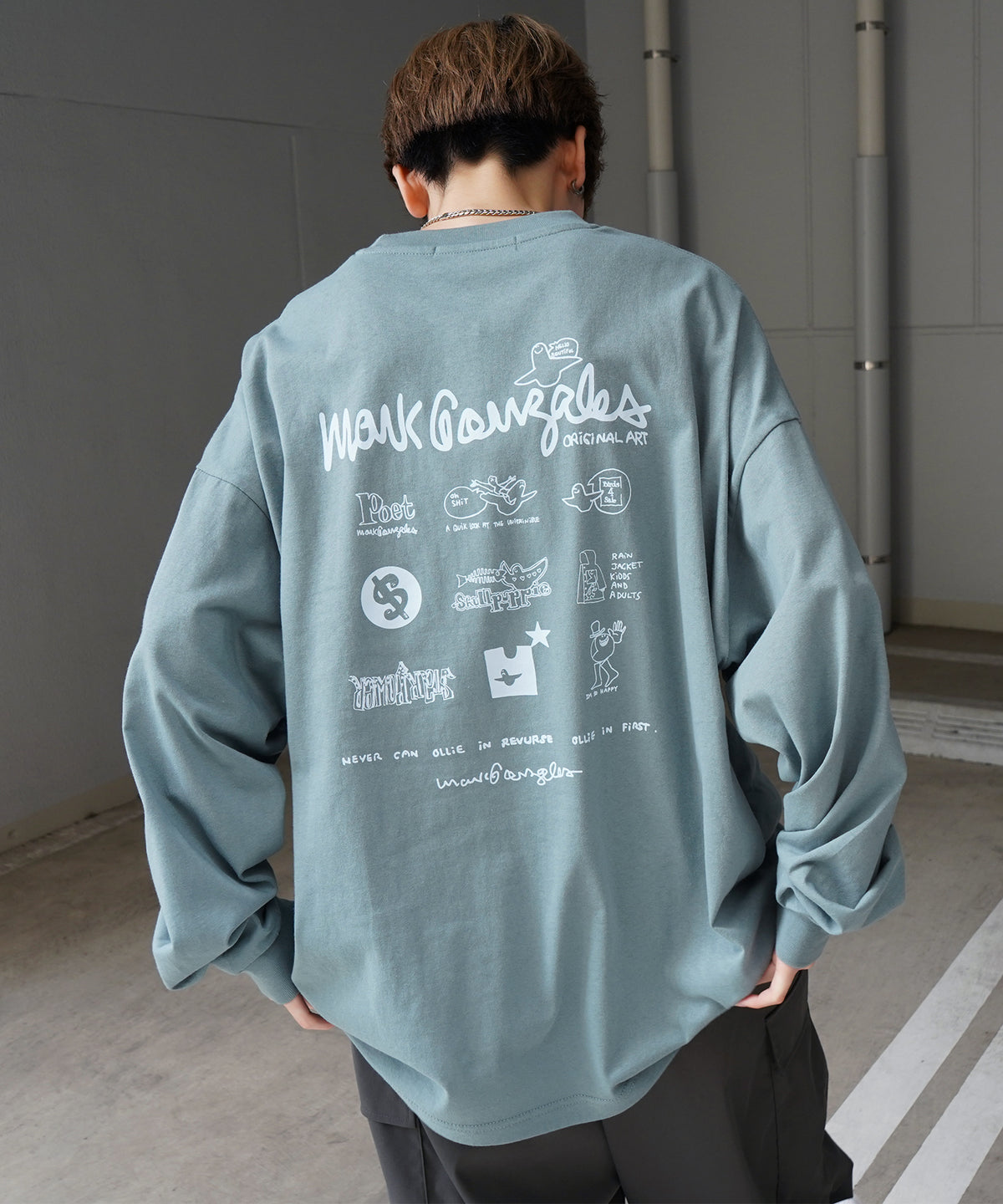 【MARK GONZALES ARTWORK COLLECTION / マーク ゴンザレス】ワンポイント刺繍 / バックプリント / 袖プリント ビッグシルエットロンT