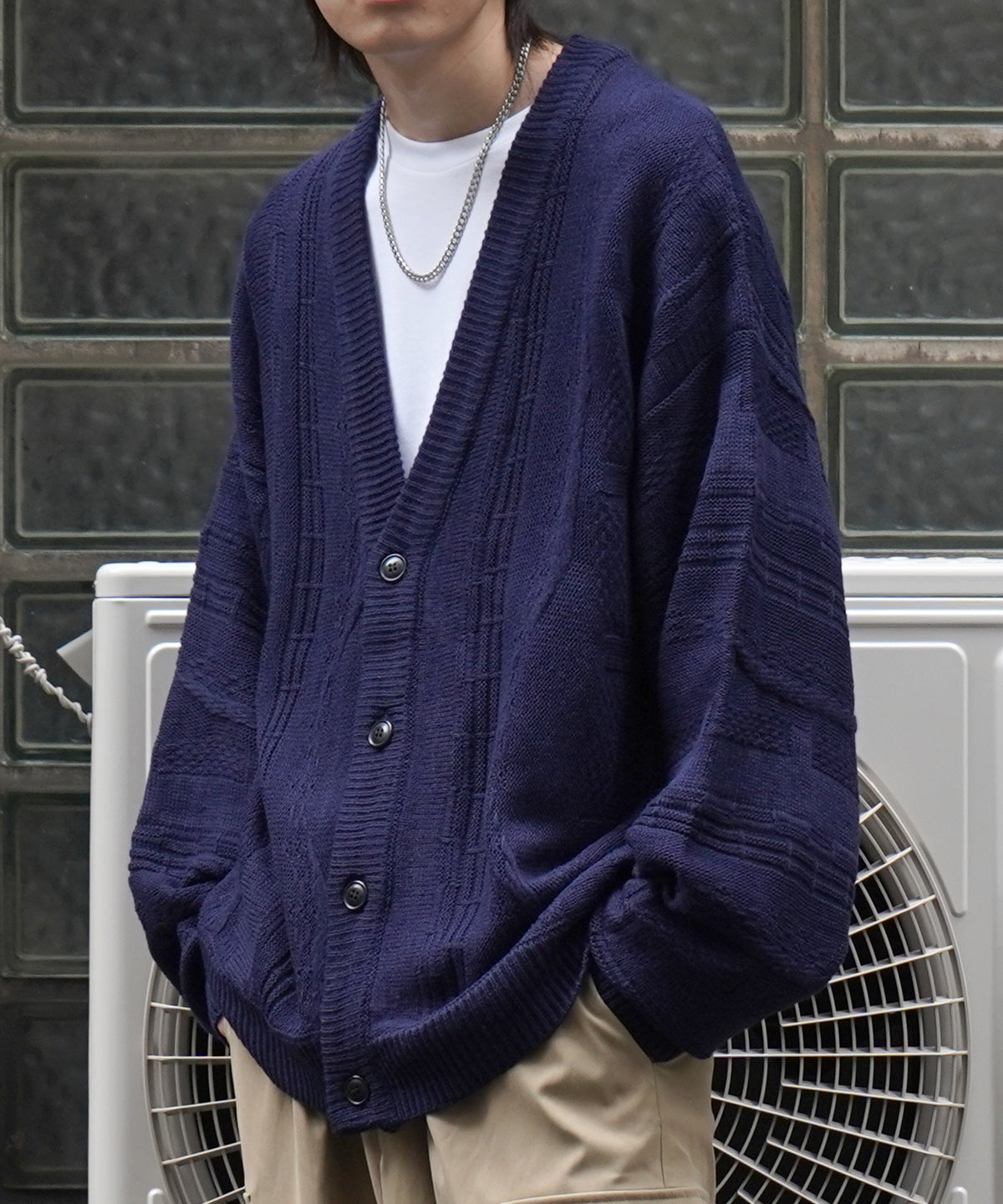 ヴィンテージライク レトロジャガードストライプ柄 ビッグシルエット 3Dニットカーディガン