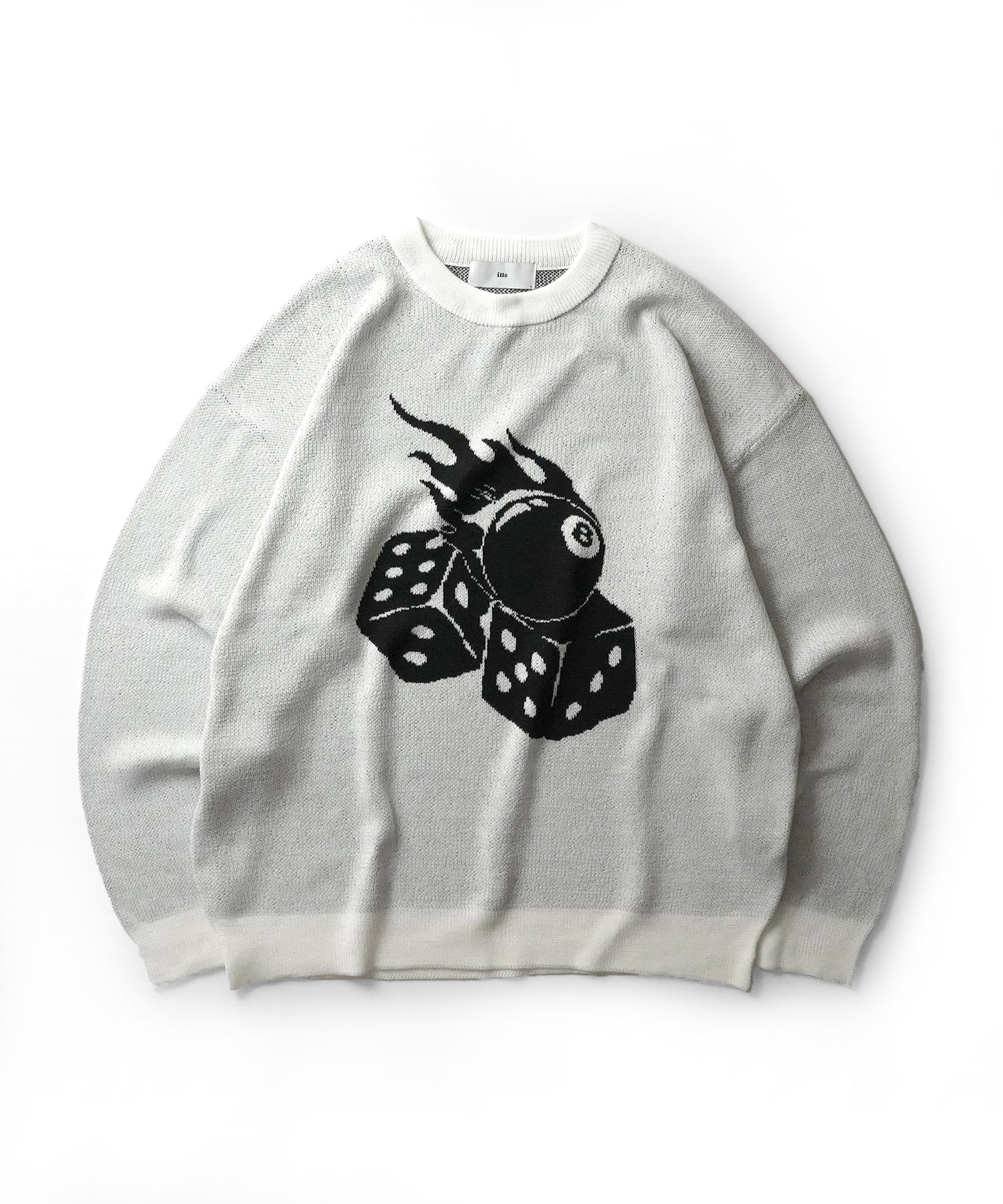 モヘアライク 8ボール / ダイス / スカル グラフィックジャガード ビッグシルエット プルオーバーソフトタッチシャギーニット