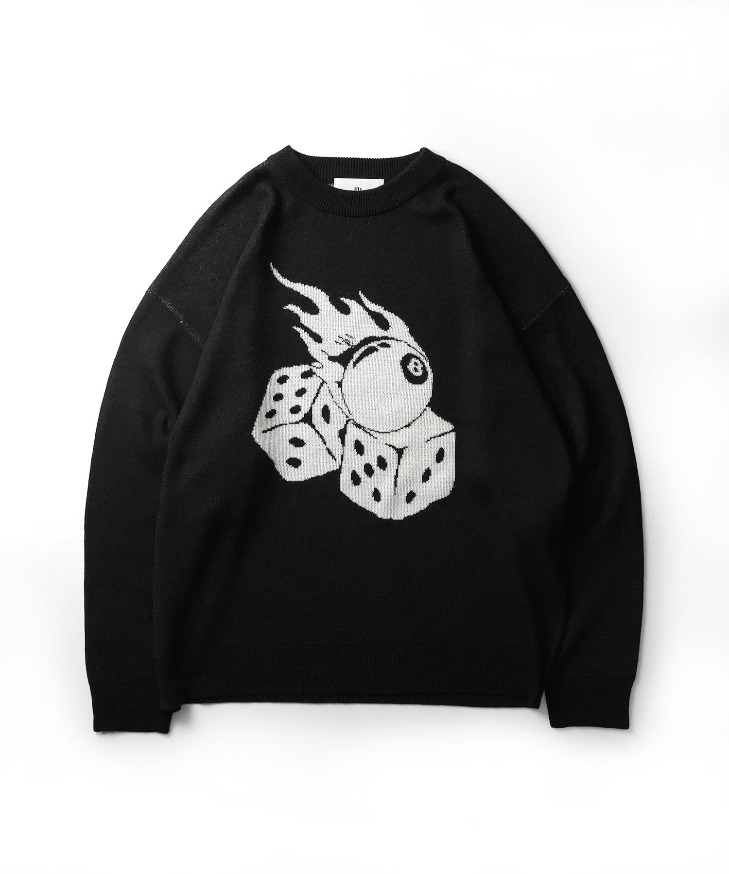 モヘアライク 8ボール / ダイス / スカル グラフィックジャガード ビッグシルエット プルオーバーソフトタッチシャギーニット