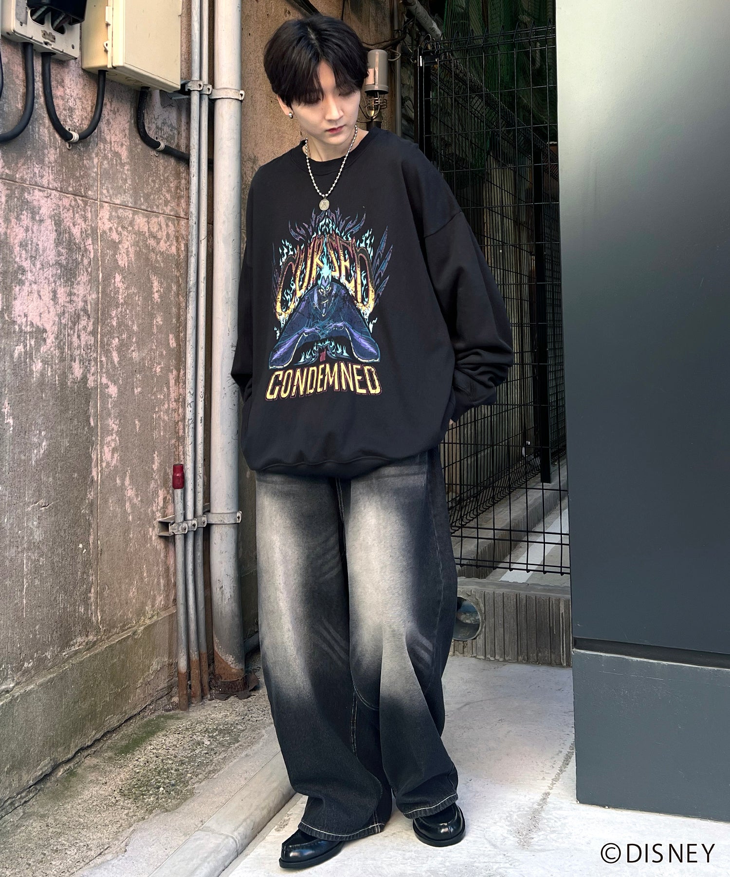 24SS【Disney / ディズニー】VILLAINS / ヴィランズ HADES / ハデス ビッグシルエット ヴィンテージライク ピグメント加工 レトロプリントスウェットプルオーバー