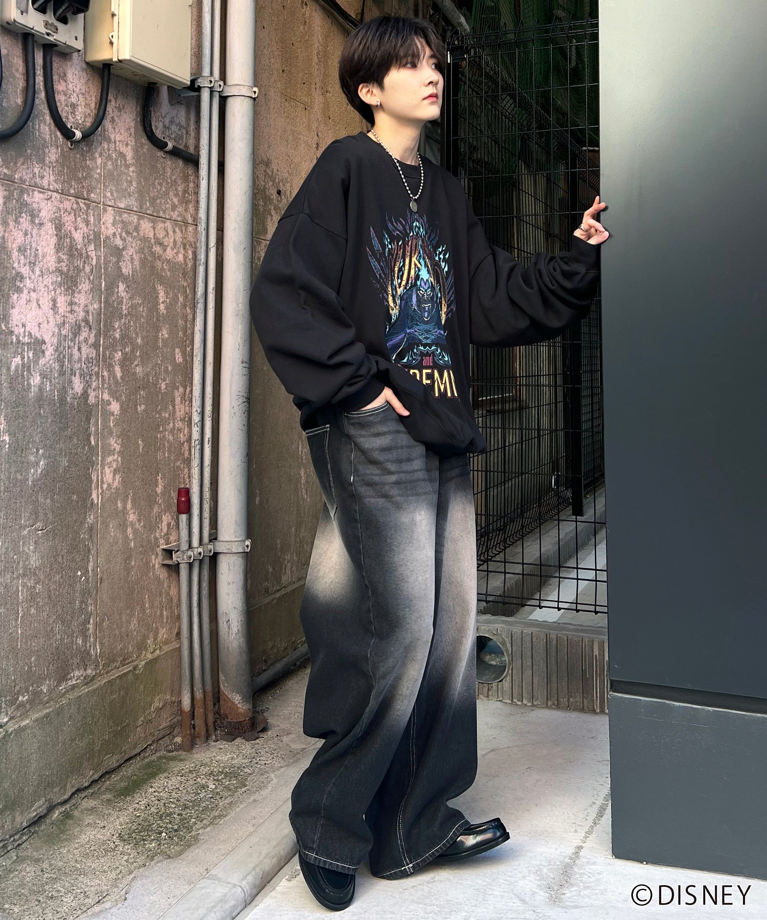24SS【Disney / ディズニー】VILLAINS / ヴィランズ HADES / ハデス ビッグシルエット ヴィンテージライク ピグメント加工 レトロプリントスウェットプルオーバー