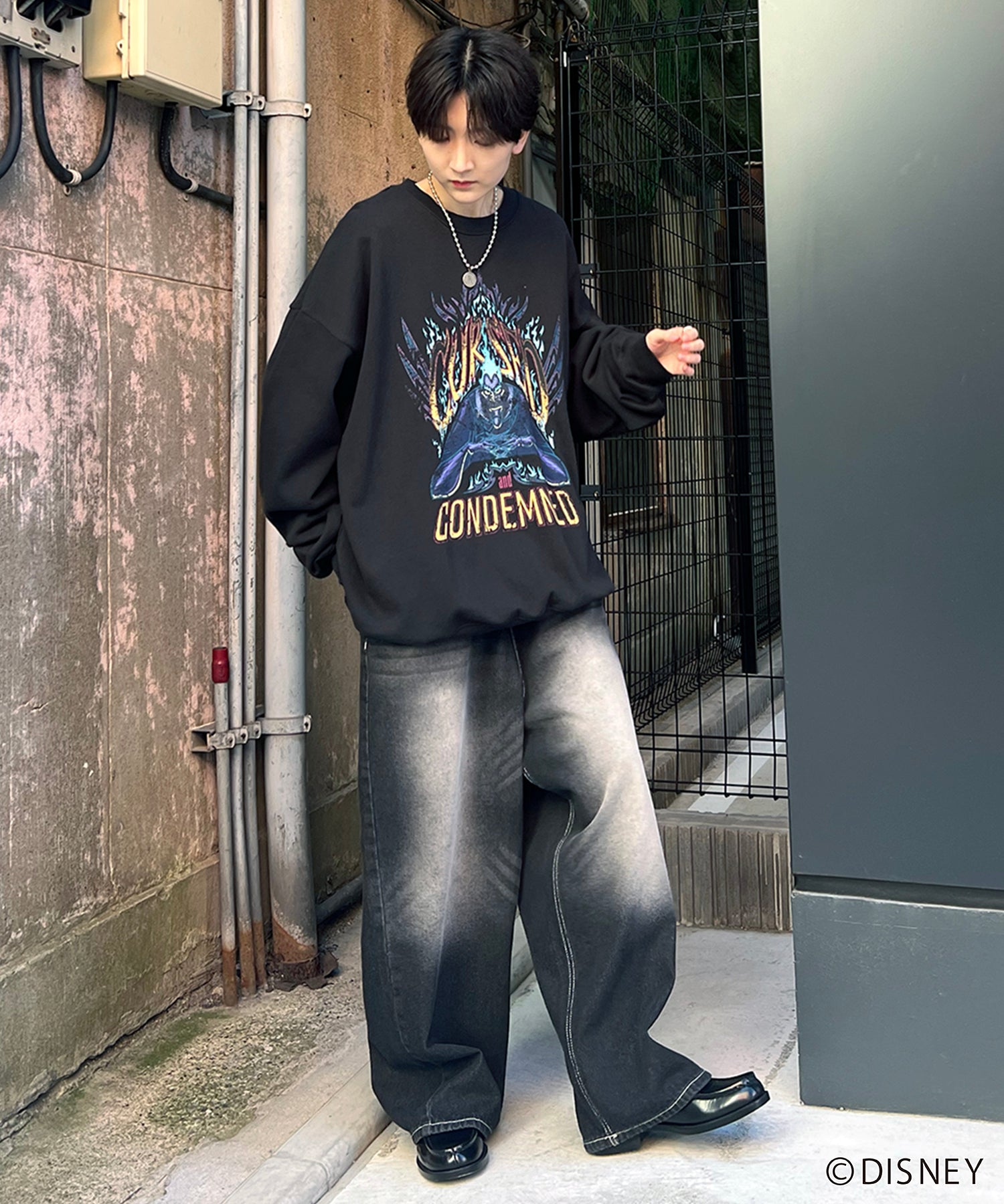 24SS【Disney / ディズニー】VILLAINS / ヴィランズ HADES / ハデス ビッグシルエット ヴィンテージライク ピグメント加工 レトロプリントスウェットプルオーバー