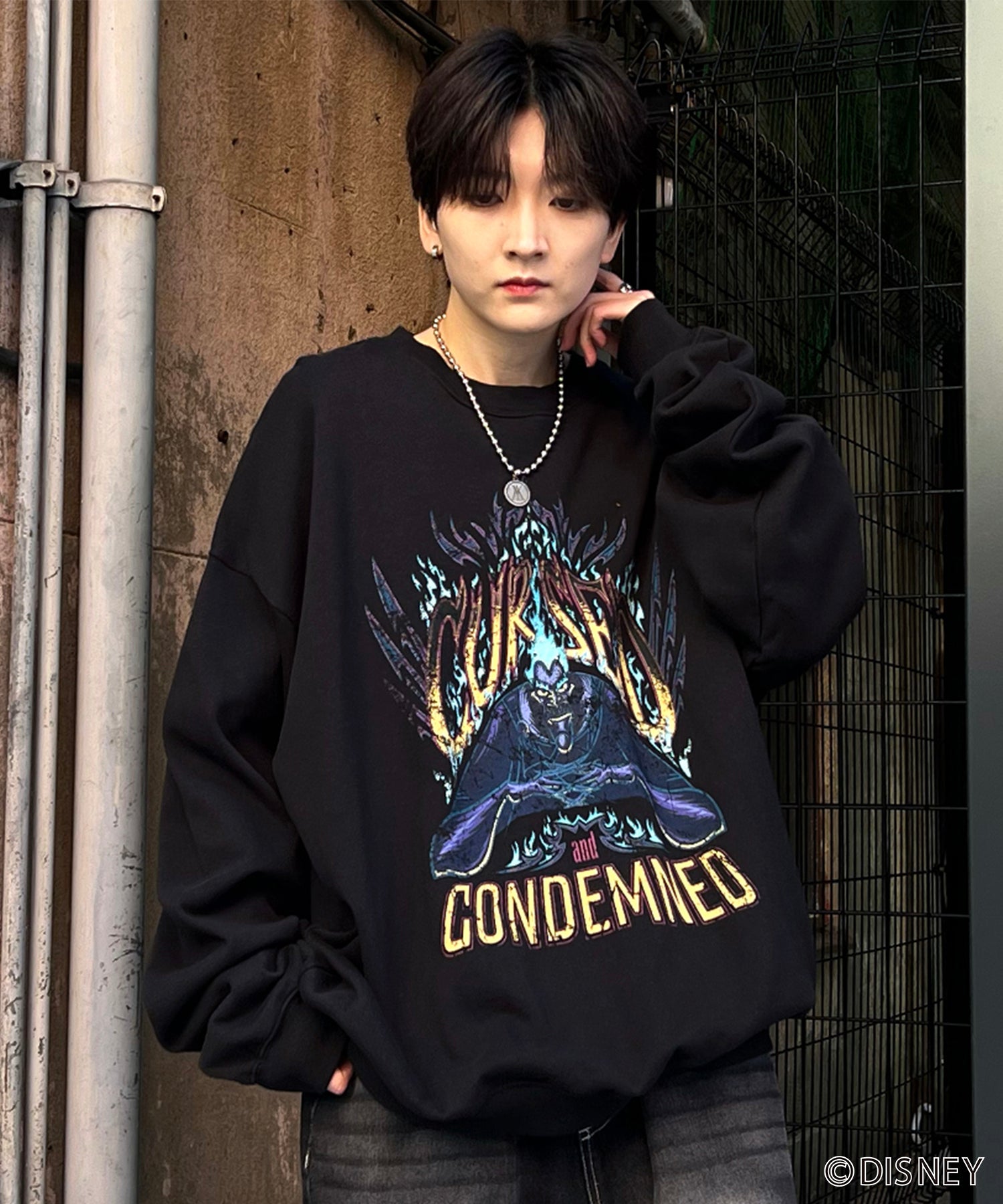 24SS【Disney / ディズニー】VILLAINS / ヴィランズ HADES / ハデス ビッグシルエット ヴィンテージライク ピグメント加工 レトロプリントスウェットプルオーバー