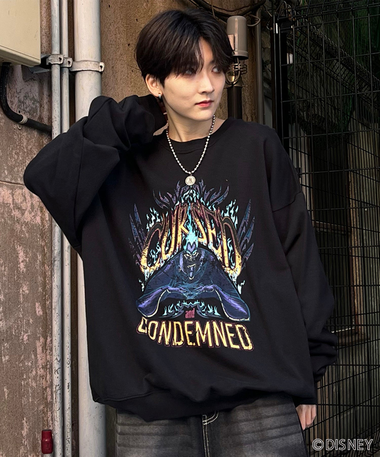 24SS【Disney / ディズニー】VILLAINS / ヴィランズ HADES / ハデス ビッグシルエット ヴィンテージライク ピグメント加工 レトロプリントスウェットプルオーバー