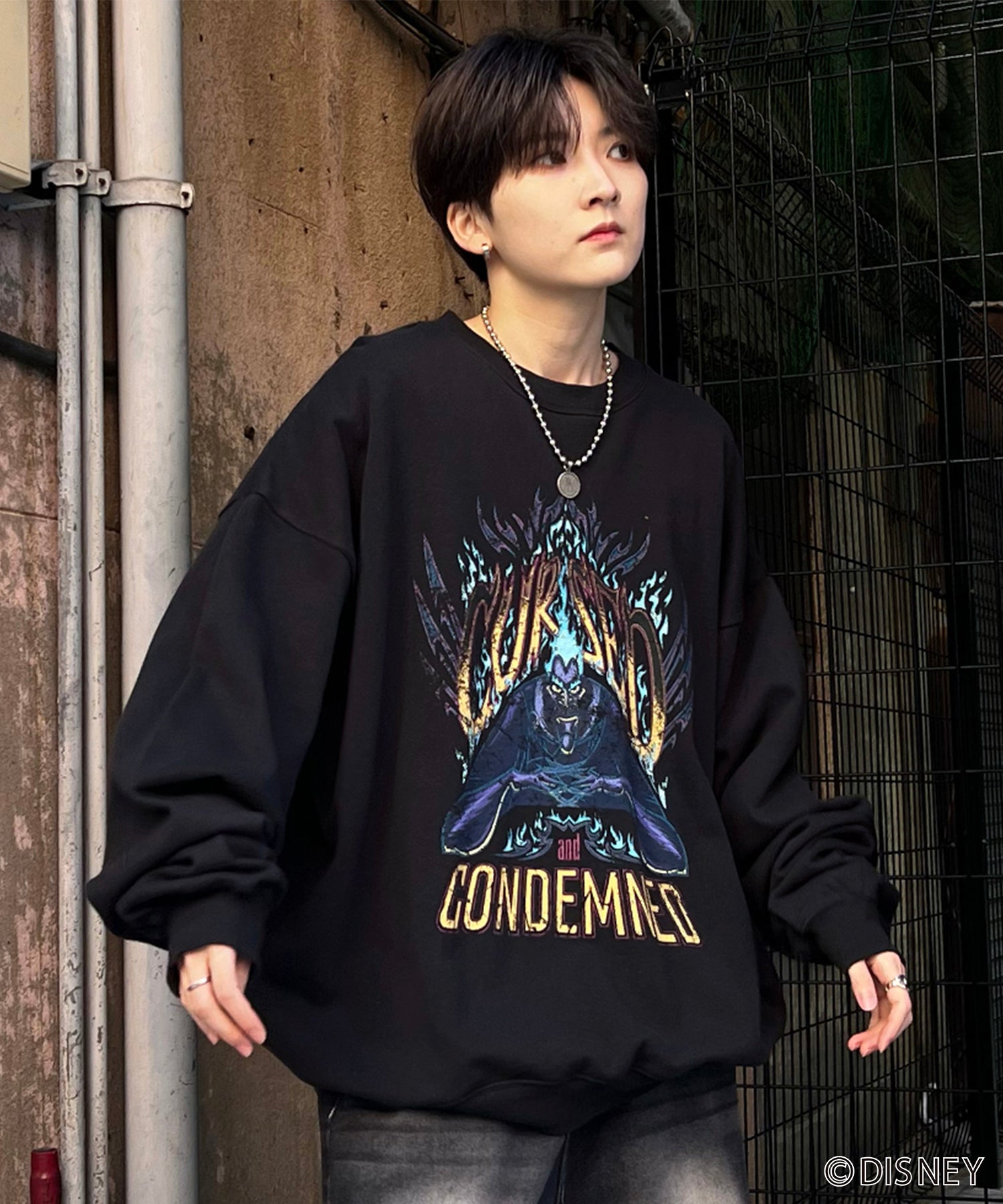 24SS【Disney / ディズニー】VILLAINS / ヴィランズ HADES / ハデス ビッグシルエット ヴィンテージライク ピグメント加工 レトロプリントスウェットプルオーバー