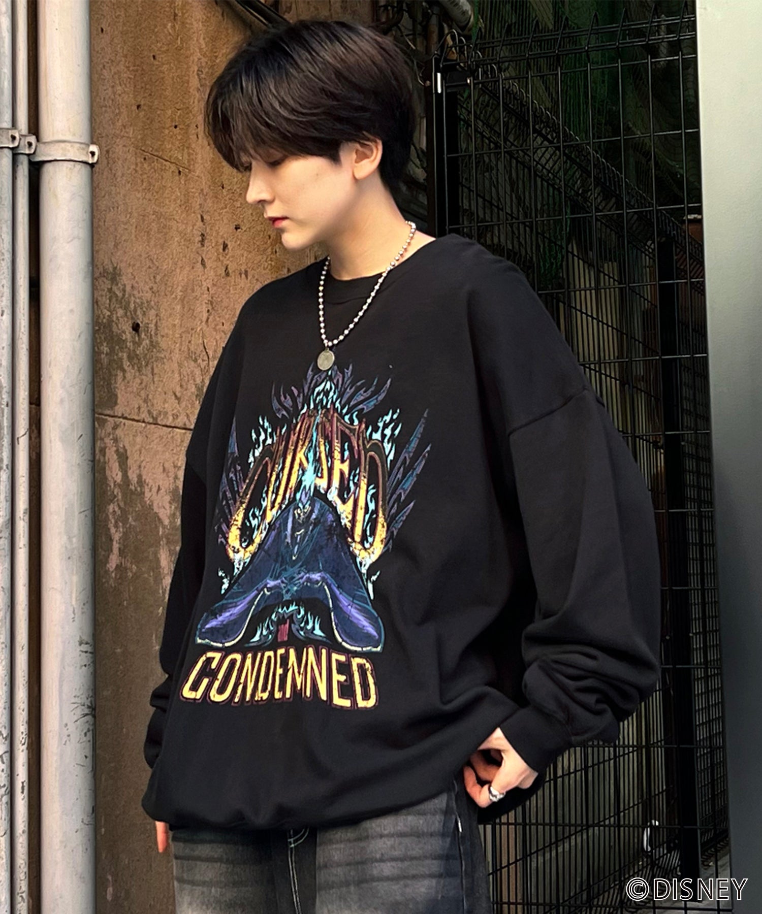 24SS【Disney / ディズニー】VILLAINS / ヴィランズ HADES / ハデス ビッグシルエット ヴィンテージライク ピグメント加工 レトロプリントスウェットプルオーバー