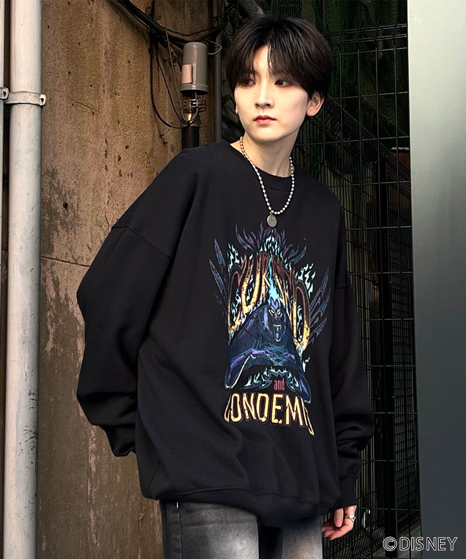 24SS【Disney / ディズニー】VILLAINS / ヴィランズ HADES / ハデス ビッグシルエット ヴィンテージライク ピグメント加工 レトロプリントスウェットプルオーバー
