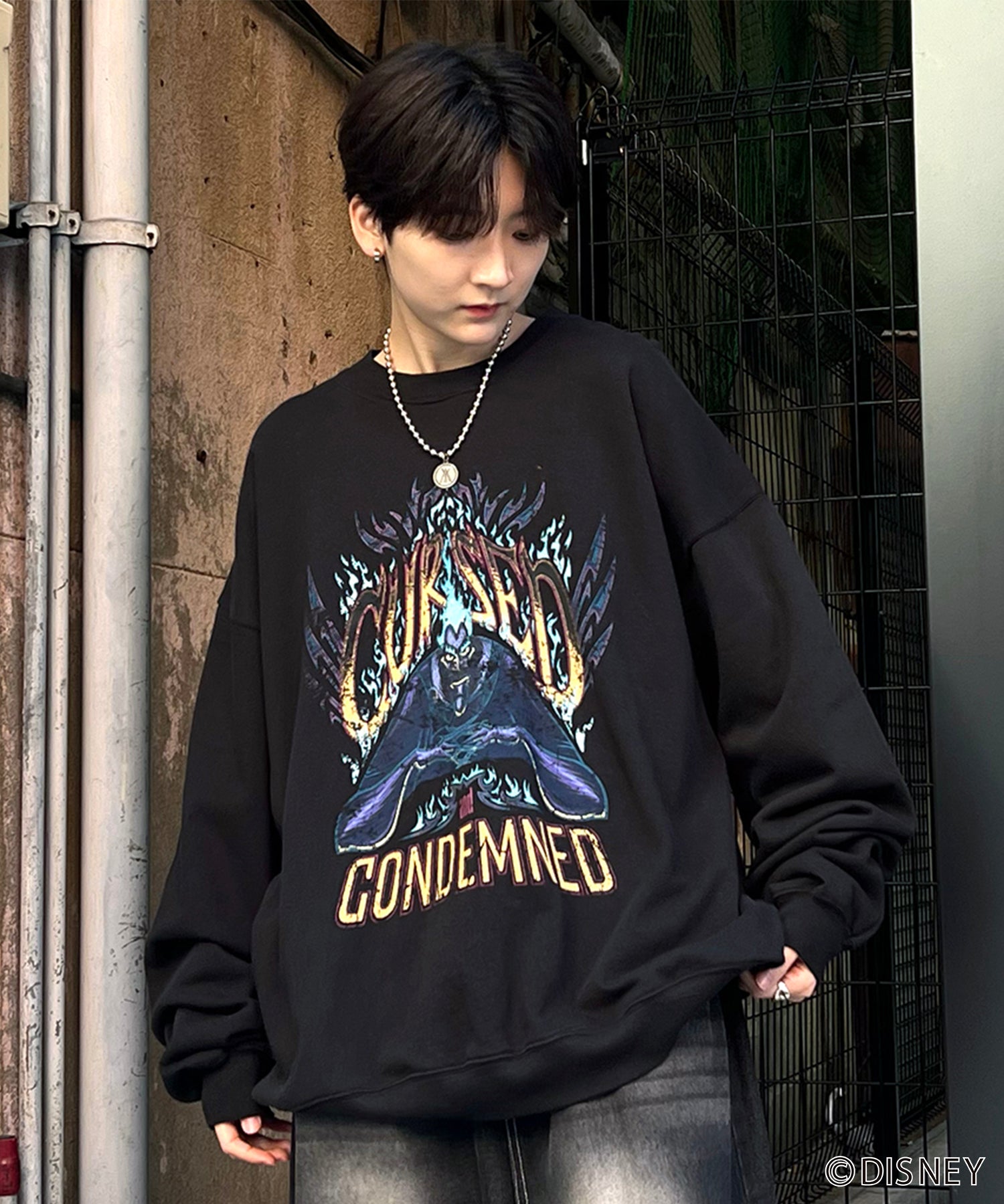24SS【Disney / ディズニー】VILLAINS / ヴィランズ HADES / ハデス ビッグシルエット ヴィンテージライク ピグメント加工 レトロプリントスウェットプルオーバー