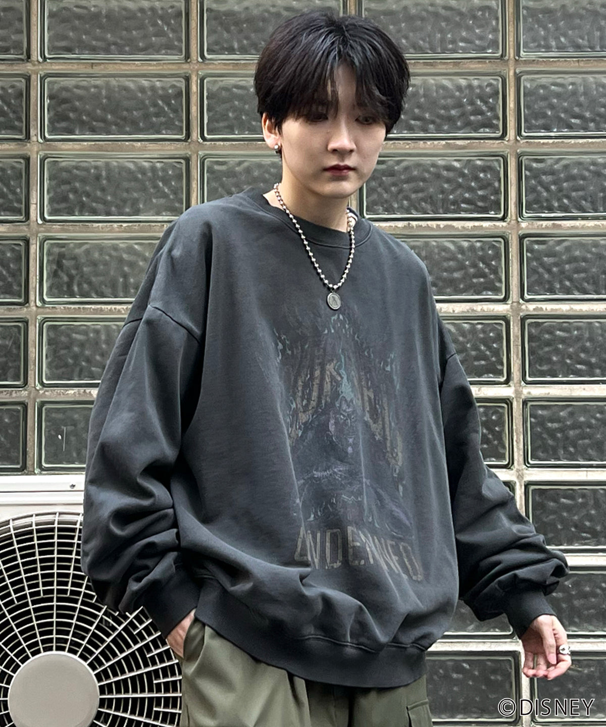 【Disney Villains / ディズニーヴィランズ】HADES / ハデス ビッグシルエット ヴィンテージライク ピグメント加工 レトロプリントスウェットプルオーバー