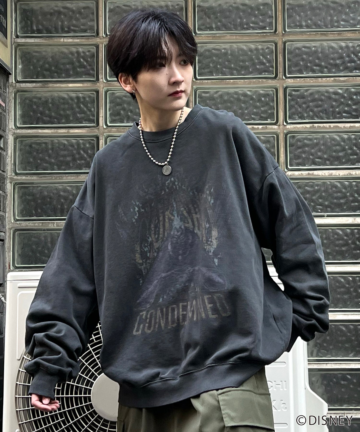 24SS【Disney / ディズニー】VILLAINS / ヴィランズ HADES / ハデス ビッグシルエット ヴィンテージライク ピグメント加工 レトロプリントスウェットプルオーバー
