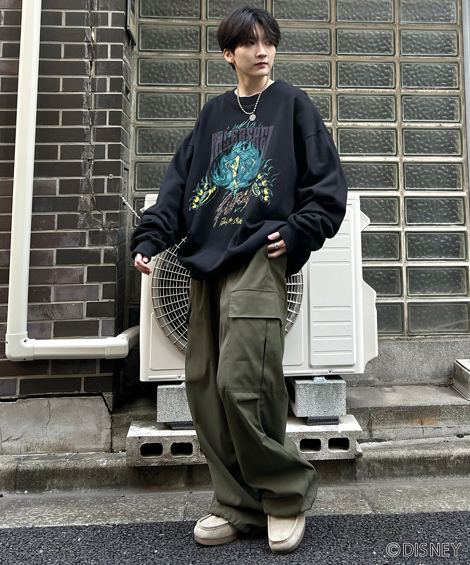 24SS【Disney / ディズニー】VILLAINS / ヴィランズ SCAR / スカ― ビッグシルエット ヴィンテージライク ピグメント加工 レトロプリントスウェットプルオーバー