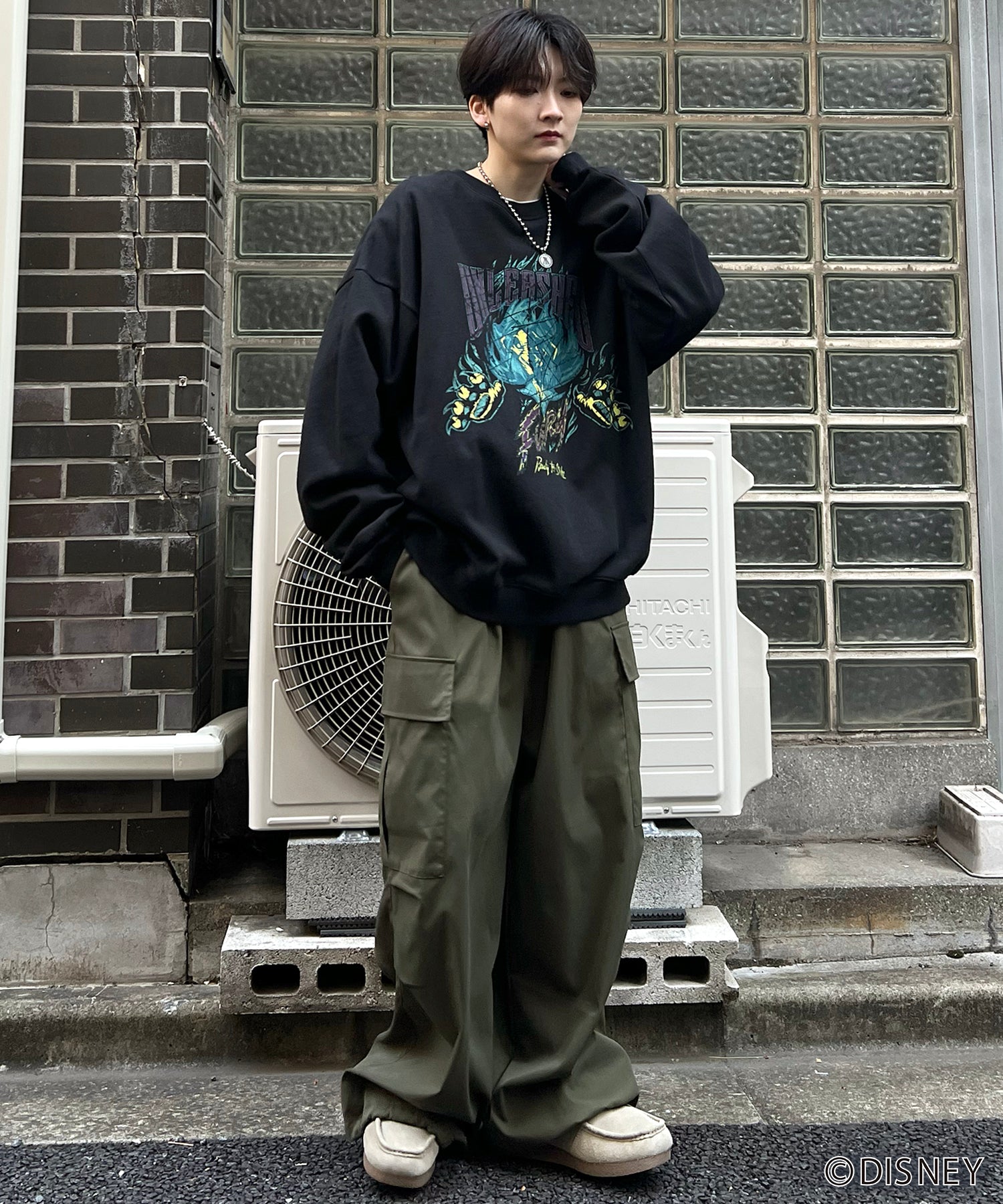 24SS【Disney / ディズニー】VILLAINS / ヴィランズ SCAR / スカ― ビッグシルエット ヴィンテージライク ピグメント加工 レトロプリントスウェットプルオーバー