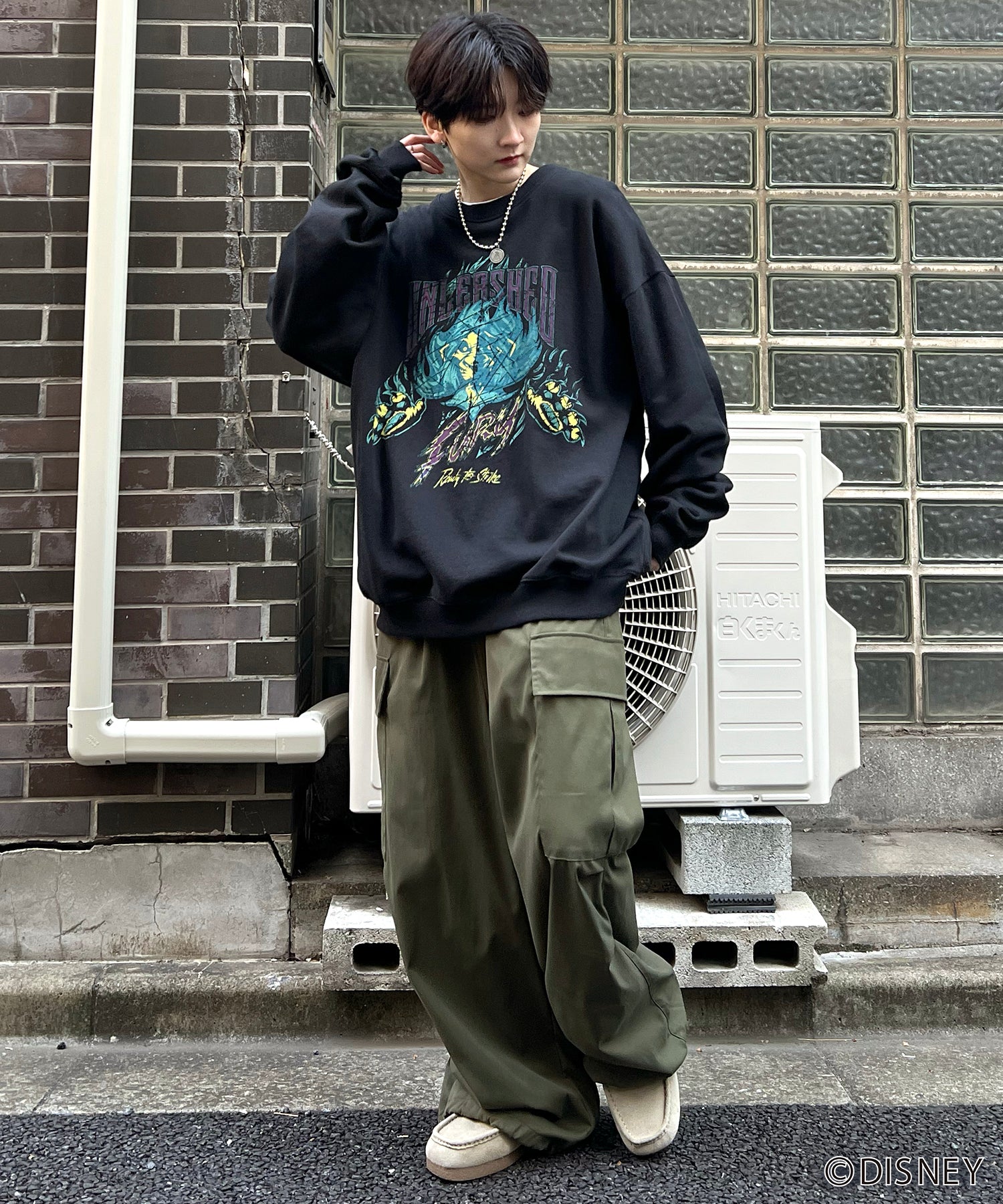 24SS【Disney / ディズニー】VILLAINS / ヴィランズ SCAR / スカ― ビッグシルエット ヴィンテージライク ピグメント加工 レトロプリントスウェットプルオーバー