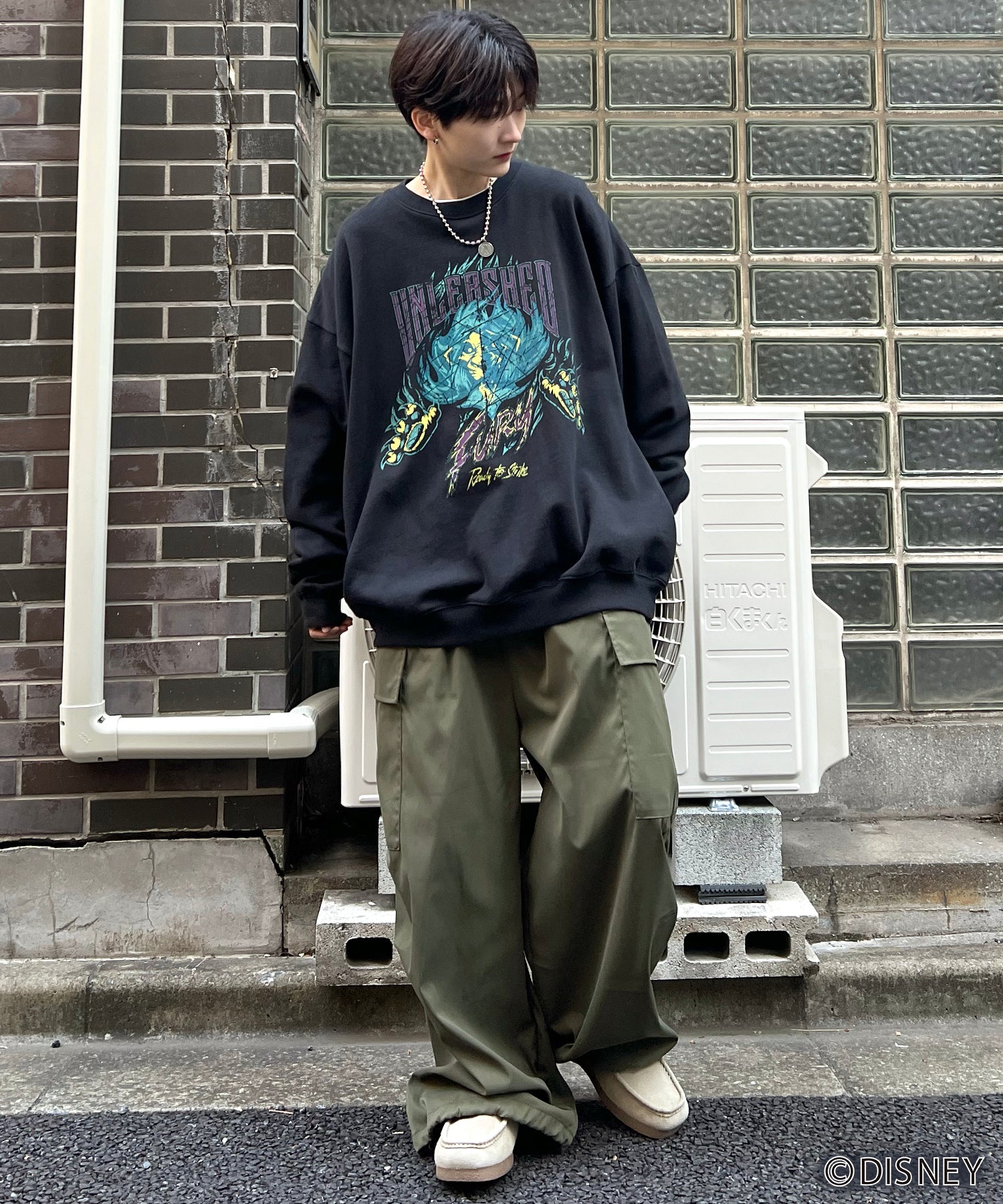 24SS【Disney / ディズニー】VILLAINS / ヴィランズ SCAR / スカ― ビッグシルエット ヴィンテージライク ピグメント加工 レトロプリントスウェットプルオーバー