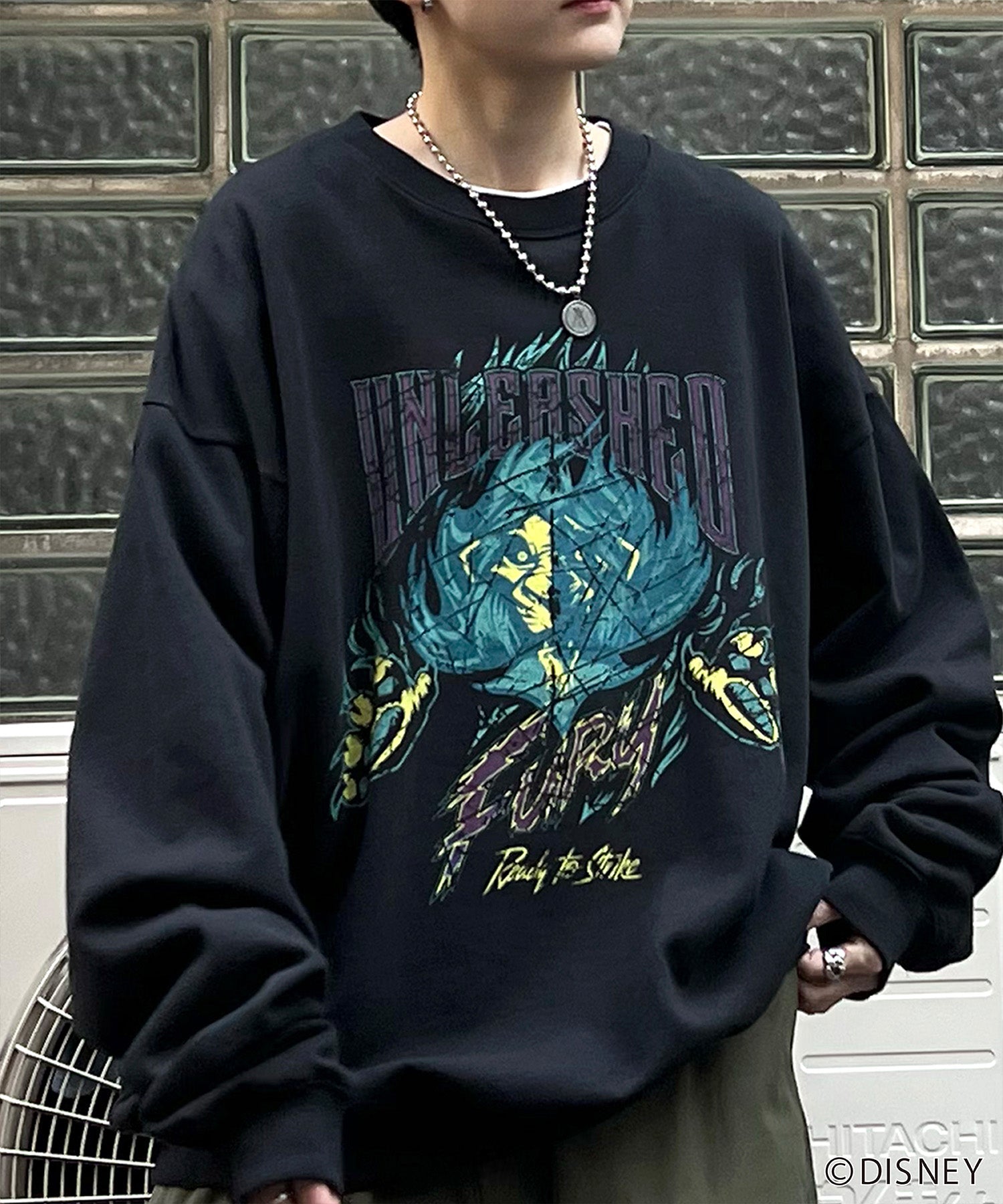 24SS【Disney / ディズニー】VILLAINS / ヴィランズ SCAR / スカ― ビッグシルエット ヴィンテージライク ピグメント加工 レトロプリントスウェットプルオーバー