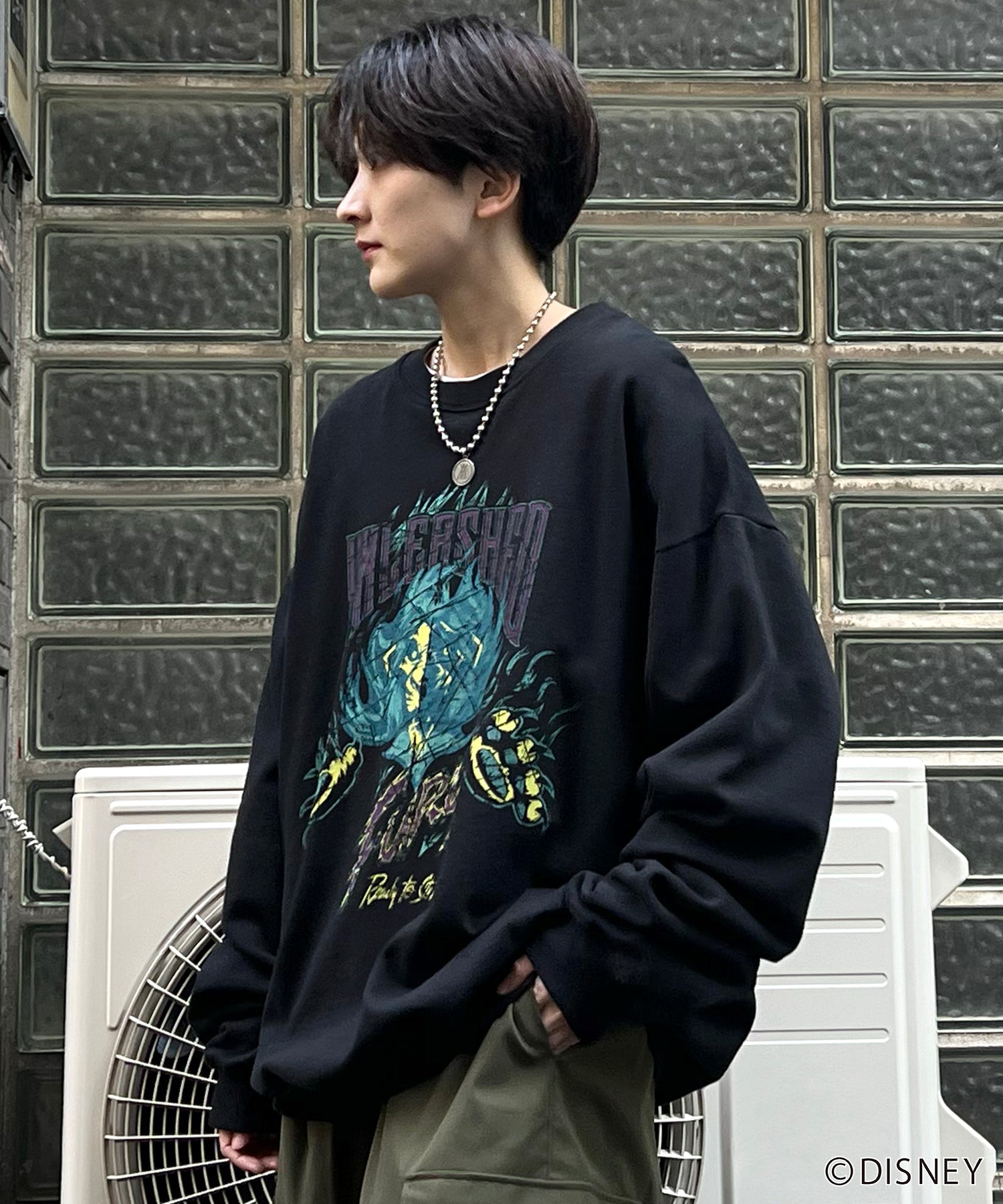 24SS【Disney / ディズニー】VILLAINS / ヴィランズ SCAR / スカ― ビッグシルエット ヴィンテージライク ピグメント加工 レトロプリントスウェットプルオーバー
