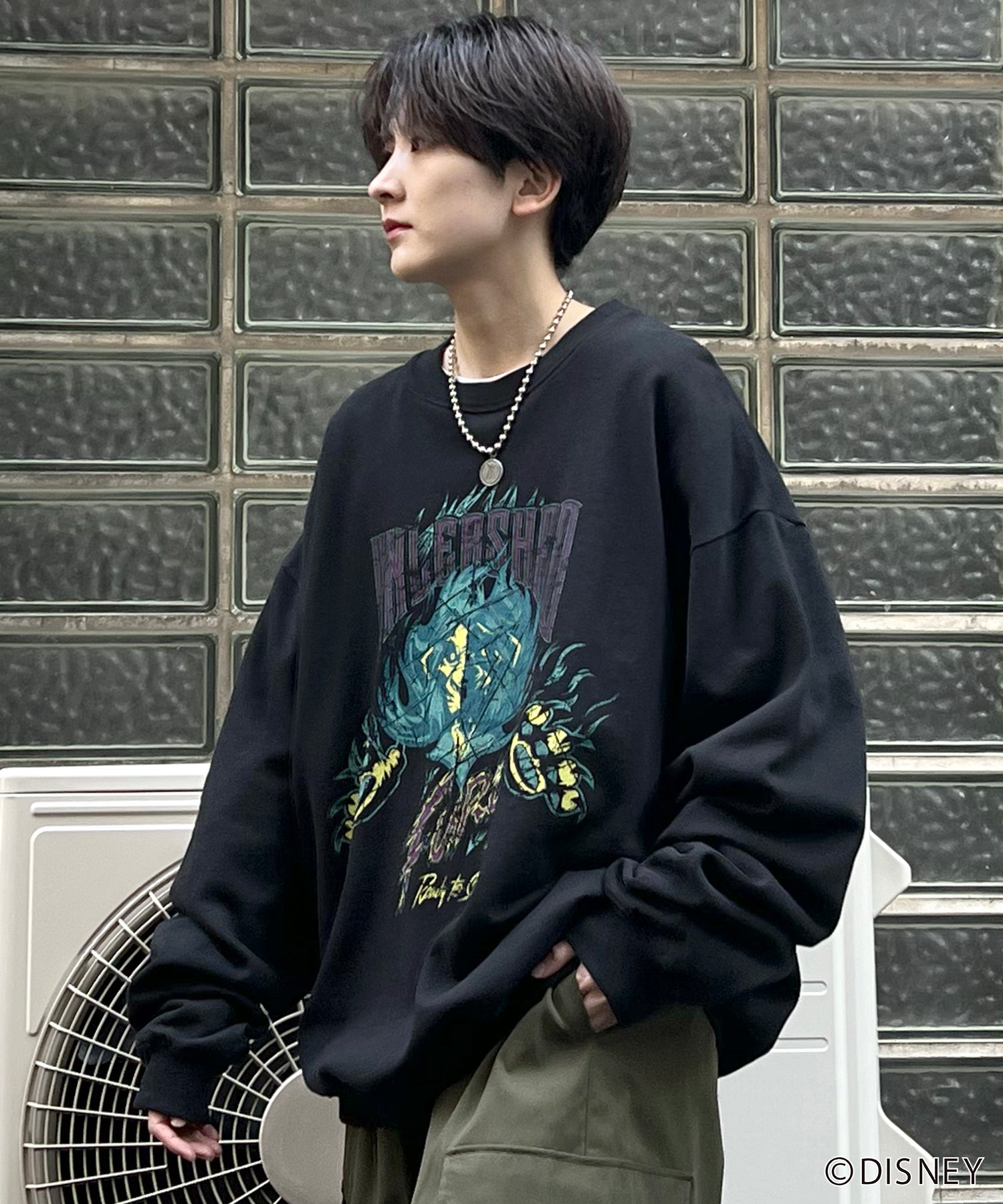24SS【Disney / ディズニー】VILLAINS / ヴィランズ SCAR / スカ― ビッグシルエット ヴィンテージライク ピグメント加工 レトロプリントスウェットプルオーバー