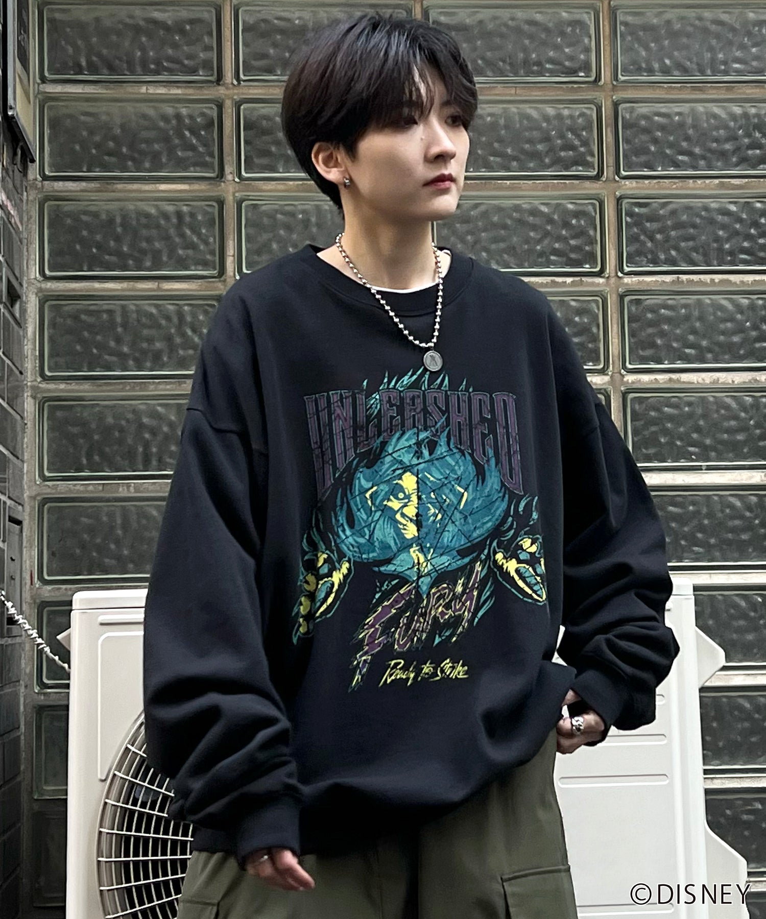 24SS【Disney / ディズニー】VILLAINS / ヴィランズ SCAR / スカ― ビッグシルエット ヴィンテージライク ピグメント加工 レトロプリントスウェットプルオーバー