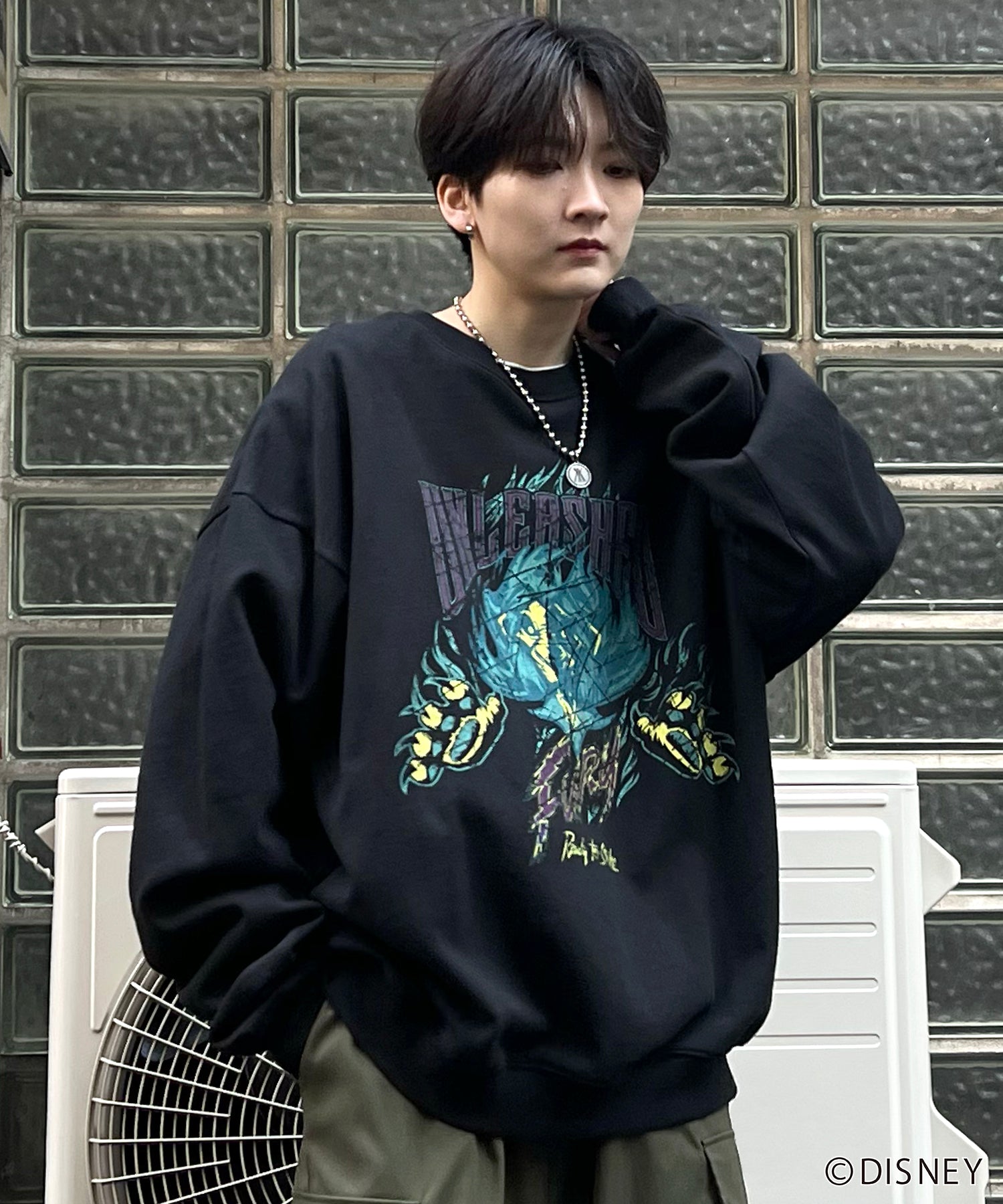 24SS【Disney / ディズニー】VILLAINS / ヴィランズ SCAR / スカ― ビッグシルエット ヴィンテージライク ピグメント加工 レトロプリントスウェットプルオーバー