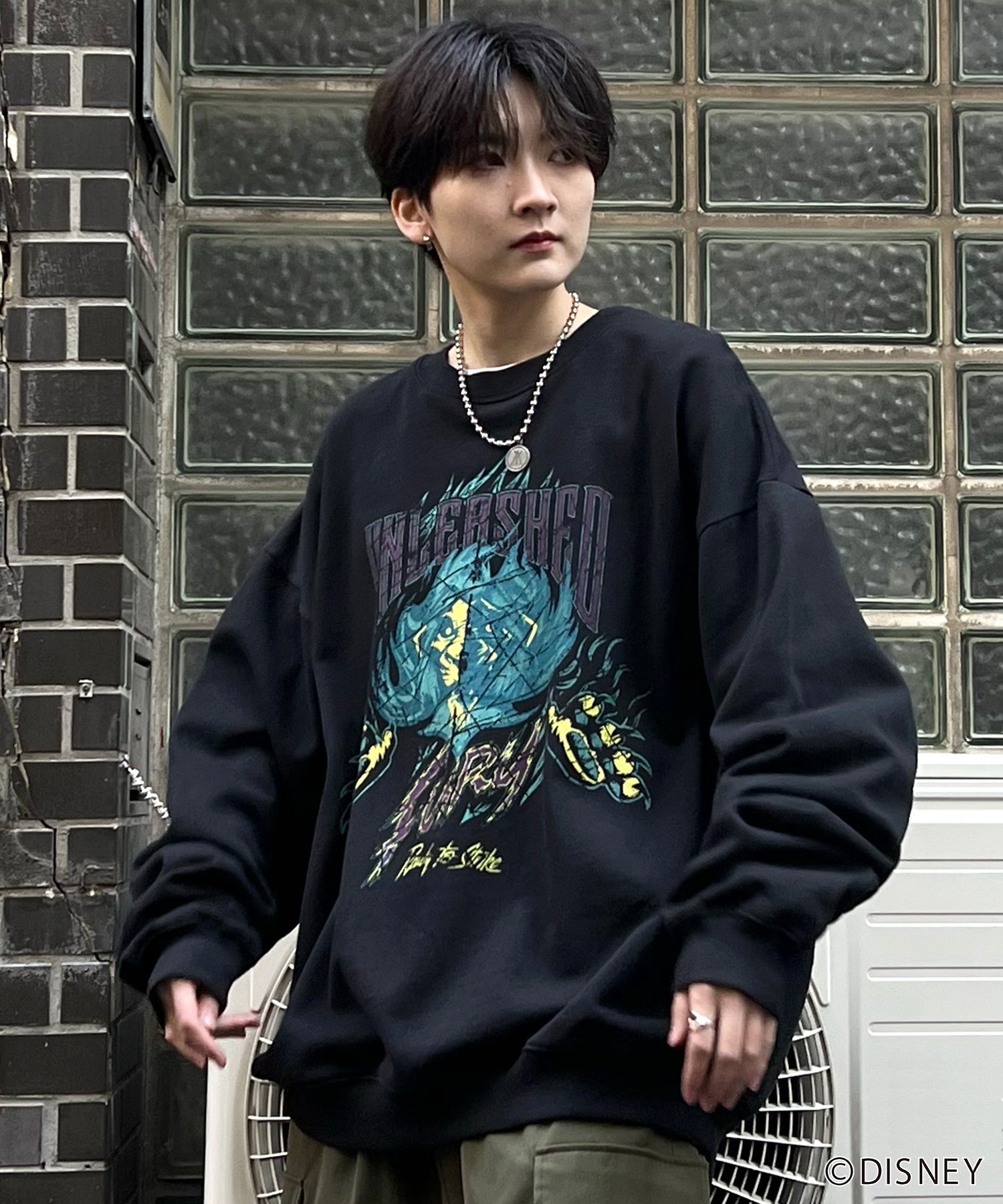 24SS【Disney / ディズニー】VILLAINS / ヴィランズ SCAR / スカ― ビッグシルエット ヴィンテージライク ピグメント加工 レトロプリントスウェットプルオーバー