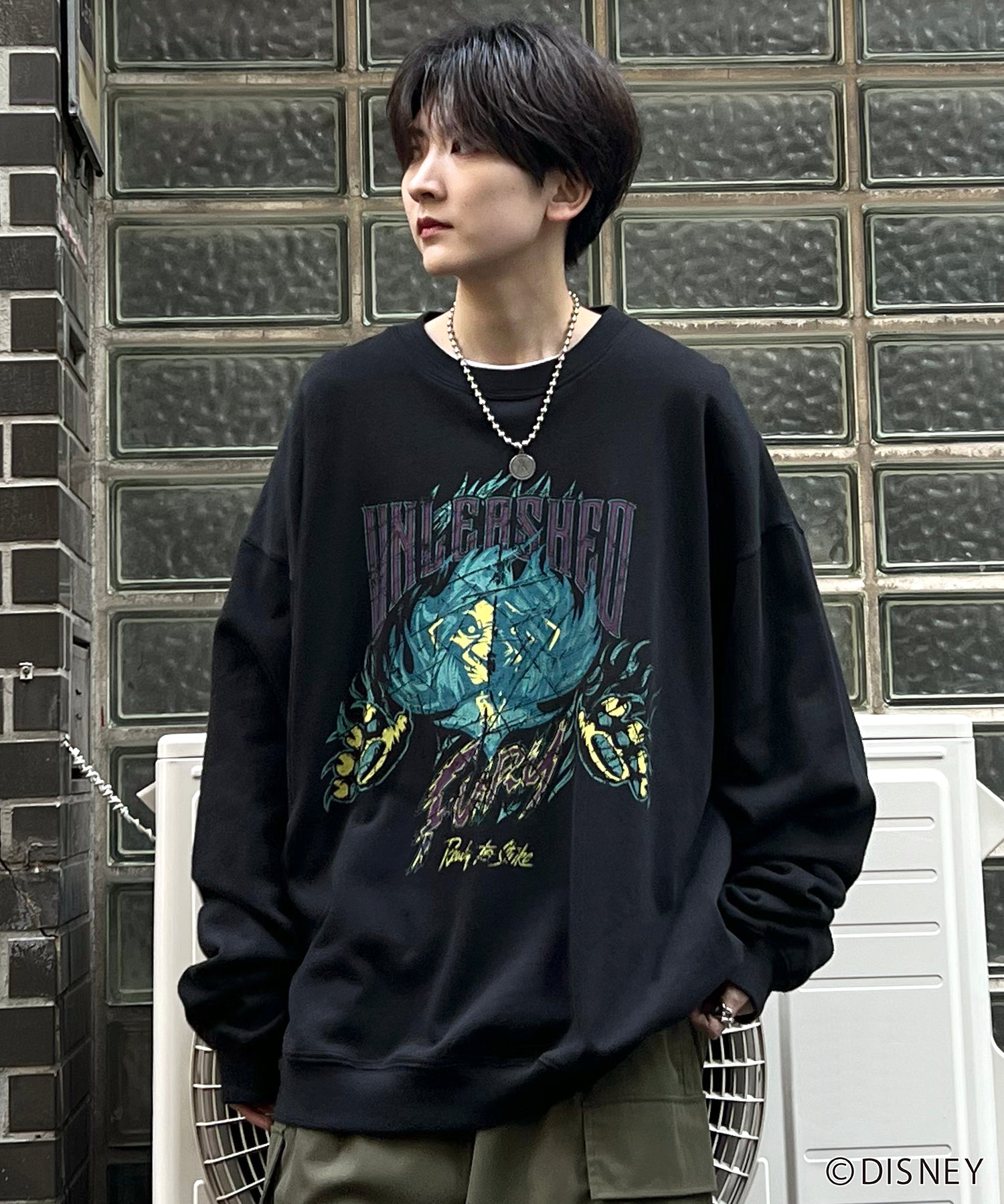24SS【Disney / ディズニー】VILLAINS / ヴィランズ SCAR / スカ― ビッグシルエット ヴィンテージライク ピグメント加工 レトロプリントスウェットプルオーバー
