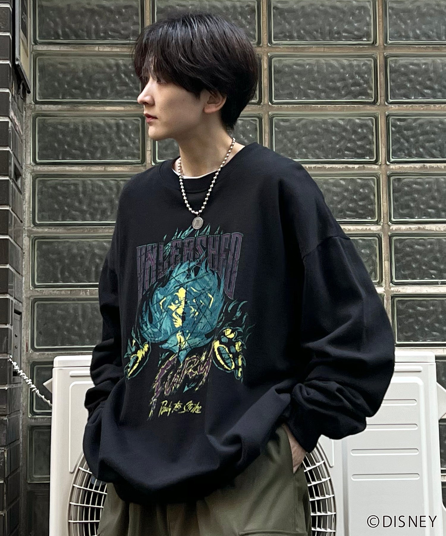 24SS【Disney / ディズニー】VILLAINS / ヴィランズ SCAR / スカ― ビッグシルエット ヴィンテージライク ピグメント加工 レトロプリントスウェットプルオーバー