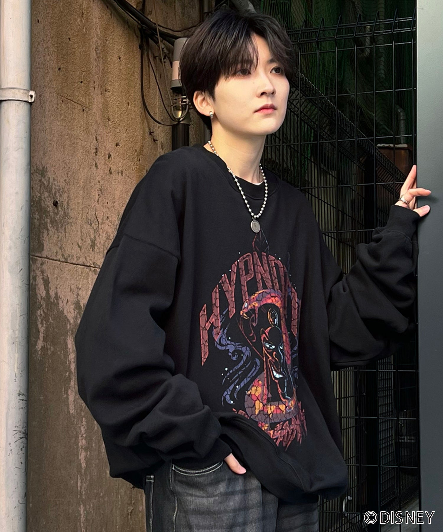24SS【Disney / ディズニー】VILLAINS / ヴィランズ JAFER / ジャファー ビッグシルエット ヴィンテージライク ピグメント加工 レトロプリントスウェットプルオーバー