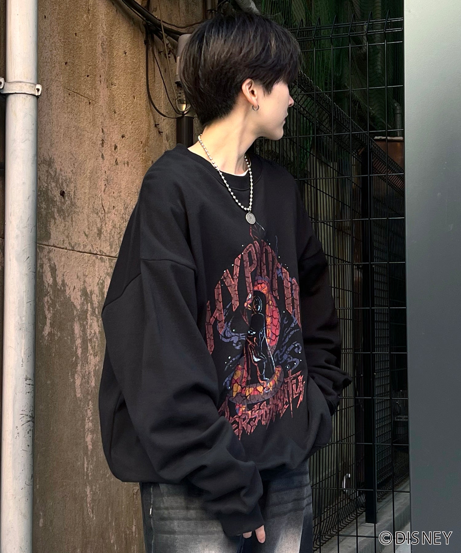 24SS【Disney / ディズニー】VILLAINS / ヴィランズ JAFER / ジャファー ビッグシルエット ヴィンテージライク ピグメント加工 レトロプリントスウェットプルオーバー