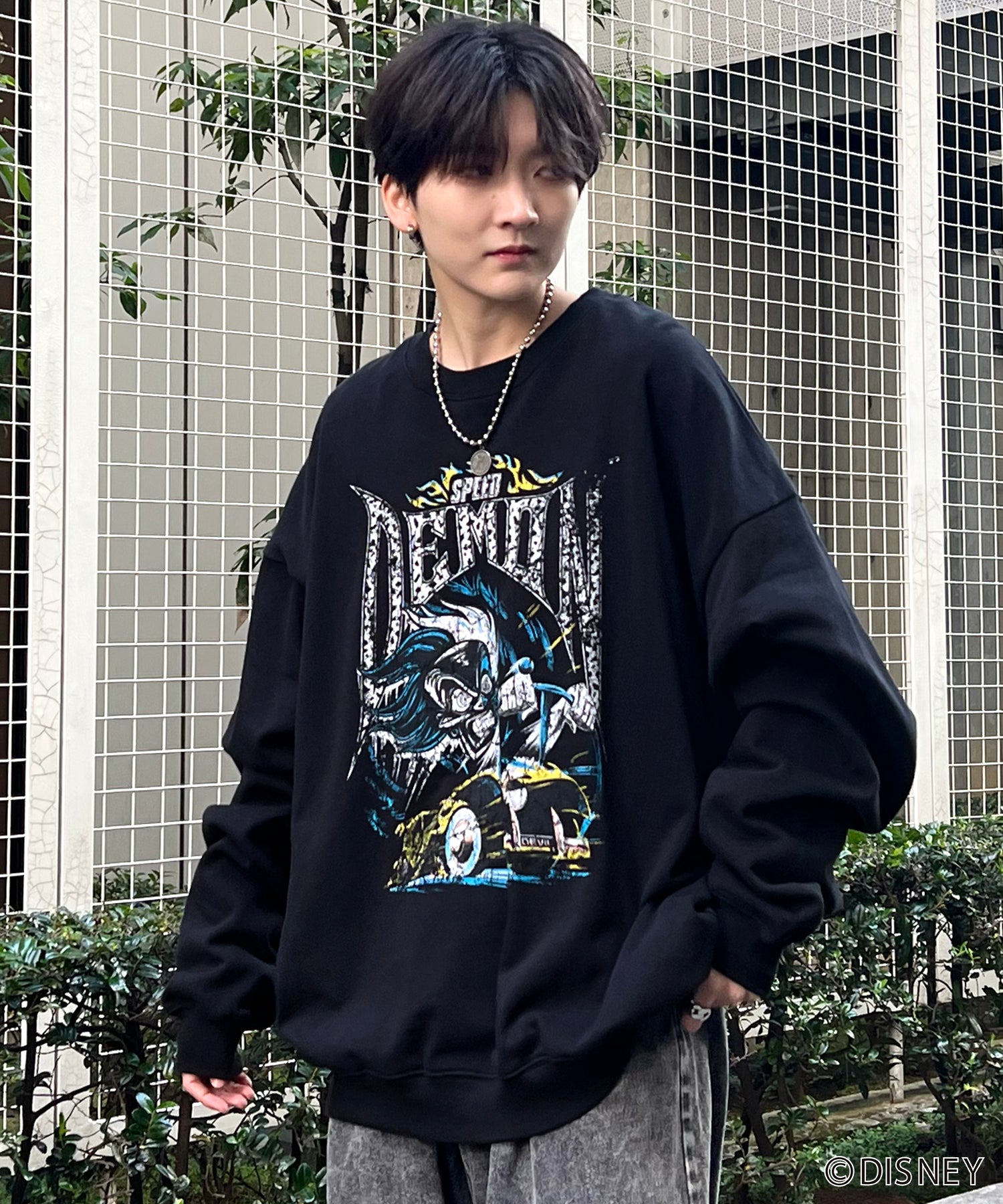 24SS【Disney / ディズニー】VILLAINS / ヴィランズ CRUELLA / クルエラ ビッグシルエット ヴィンテージライク ピグメント加工 レトロプリントスウェットプルオーバー