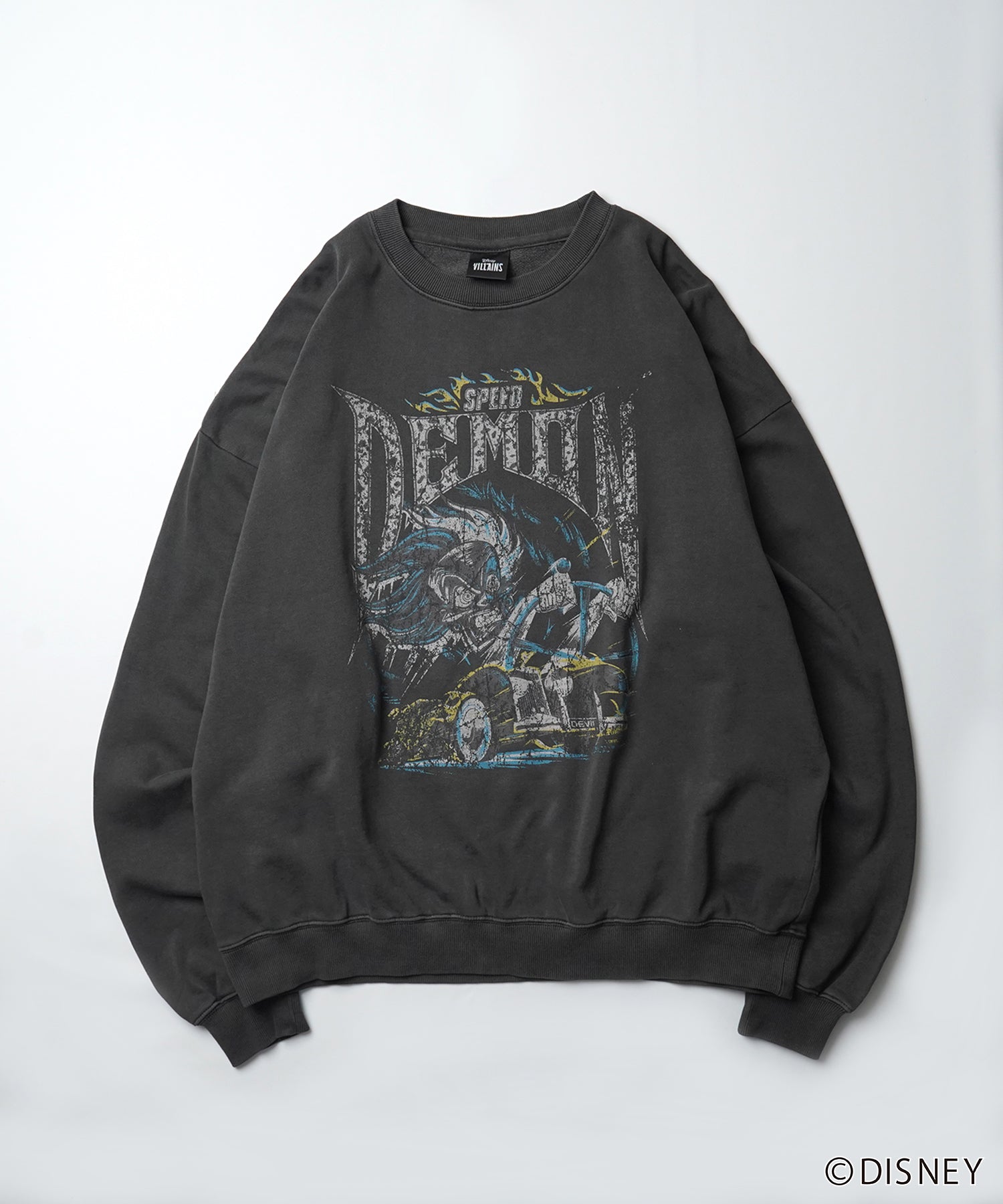 24SS【Disney / ディズニー】VILLAINS / ヴィランズ CRUELLA / クルエラ ビッグシルエット ヴィンテージライク ピグメント加工 レトロプリントスウェットプルオーバー