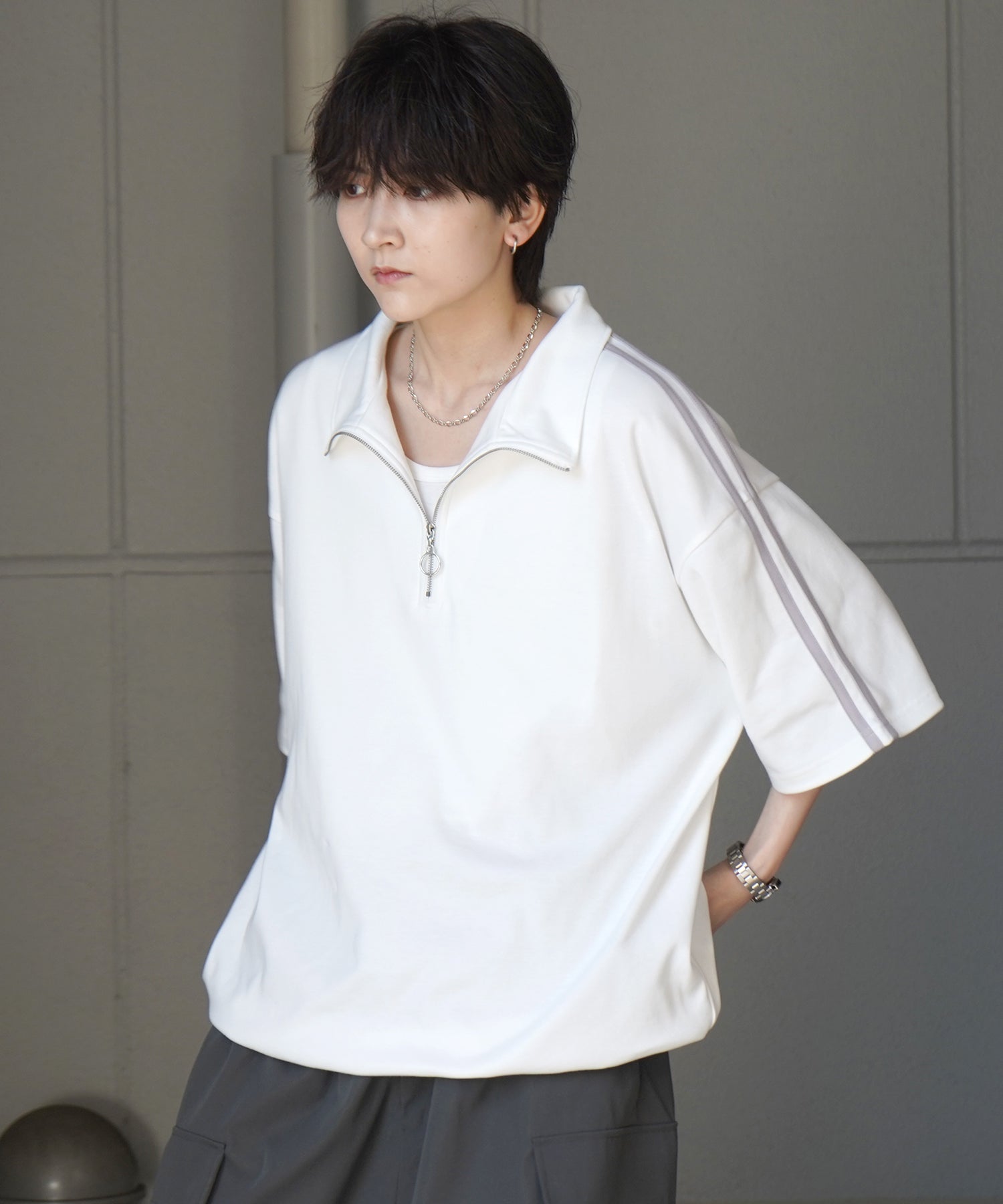 25SS ナチュラルドレープ とろみポンチ ルーズシルエット ドロスト サイドライン ハーフジップ半袖Tシャツ