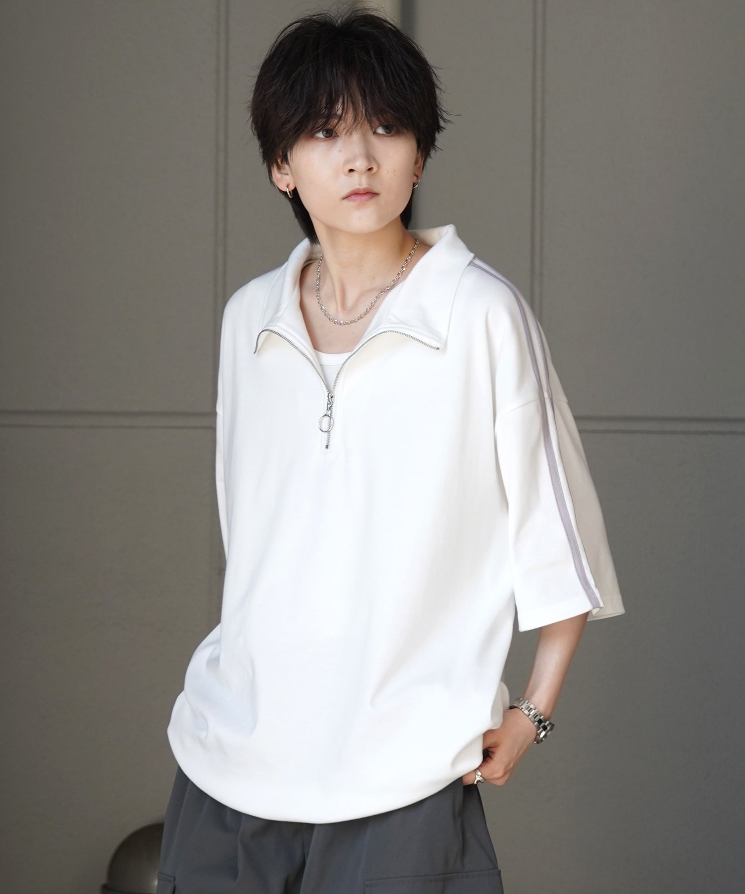 25SS ナチュラルドレープ とろみポンチ ルーズシルエット ドロスト サイドライン ハーフジップ半袖Tシャツ