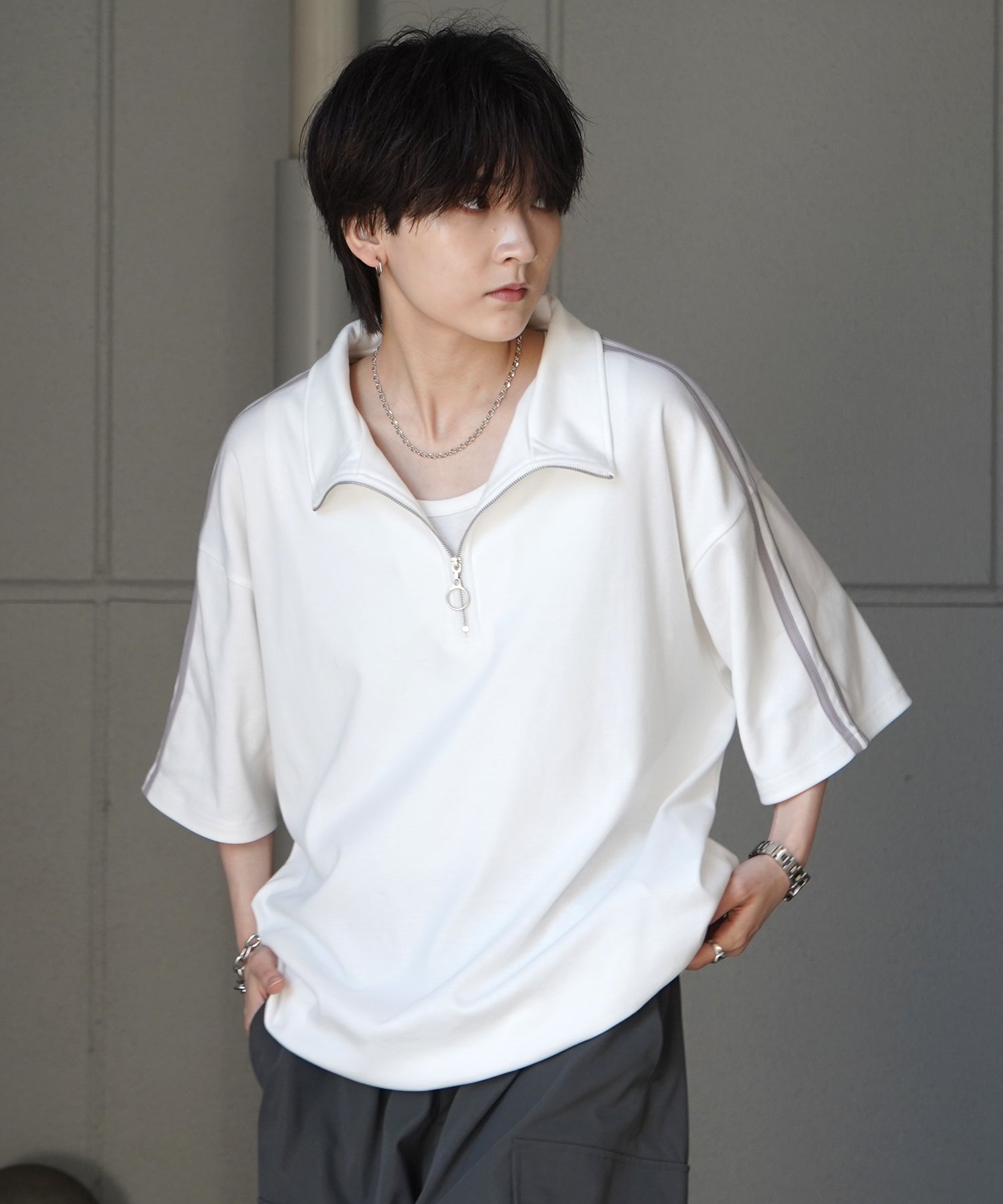 25SS ナチュラルドレープ とろみポンチ ルーズシルエット ドロスト サイドライン ハーフジップ半袖Tシャツ