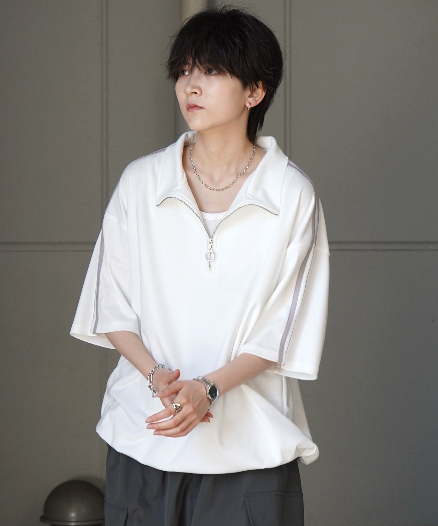 25SS ナチュラルドレープ とろみポンチ ルーズシルエット ドロスト サイドライン ハーフジップ半袖Tシャツ