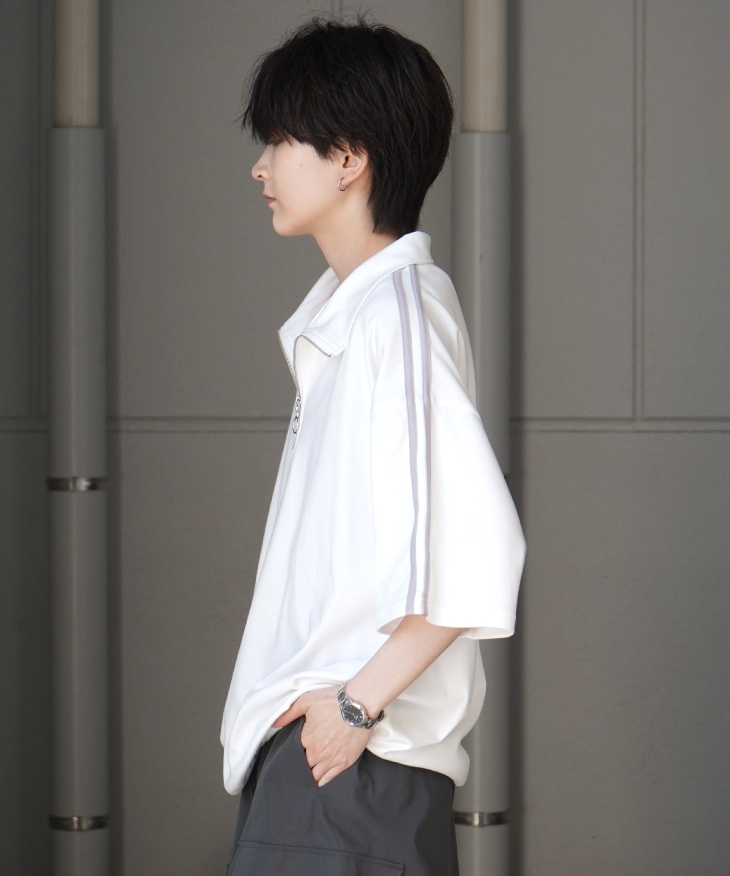 25SS ナチュラルドレープ とろみポンチ ルーズシルエット ドロスト サイドライン ハーフジップ半袖Tシャツ