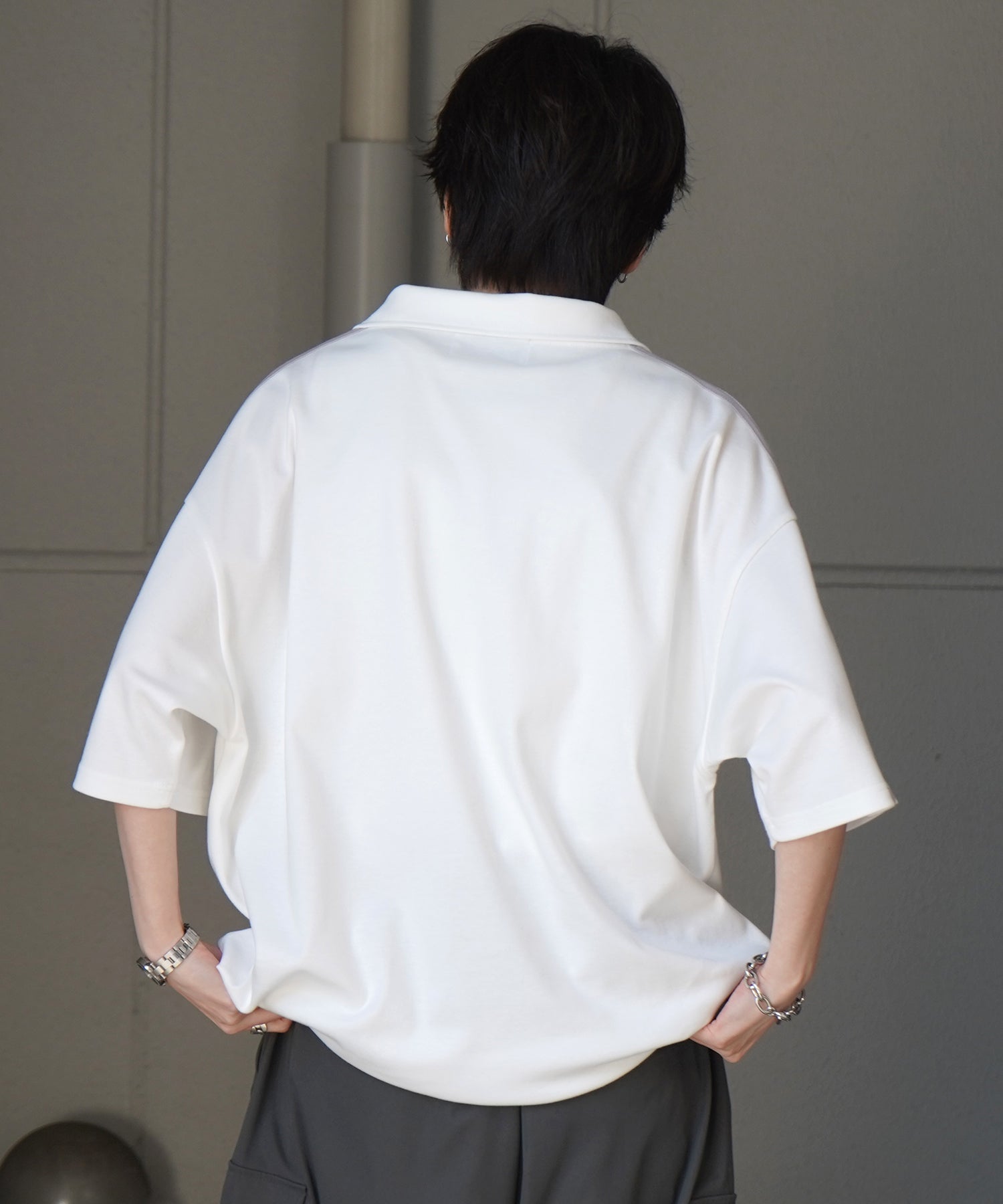 25SS ナチュラルドレープ とろみポンチ ルーズシルエット ドロスト サイドライン ハーフジップ半袖Tシャツ