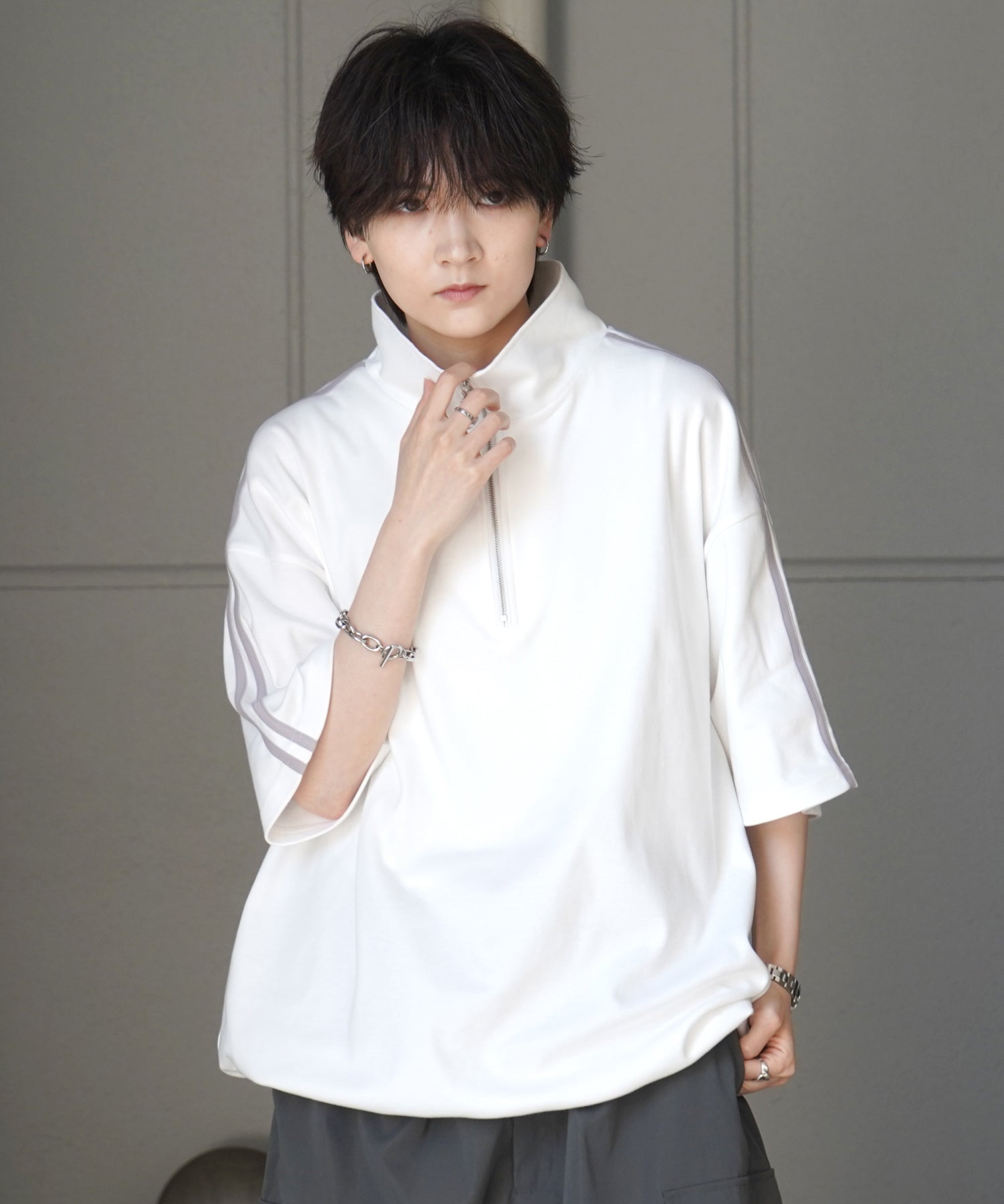 25SS ナチュラルドレープ とろみポンチ ルーズシルエット ドロスト サイドライン ハーフジップ半袖Tシャツ