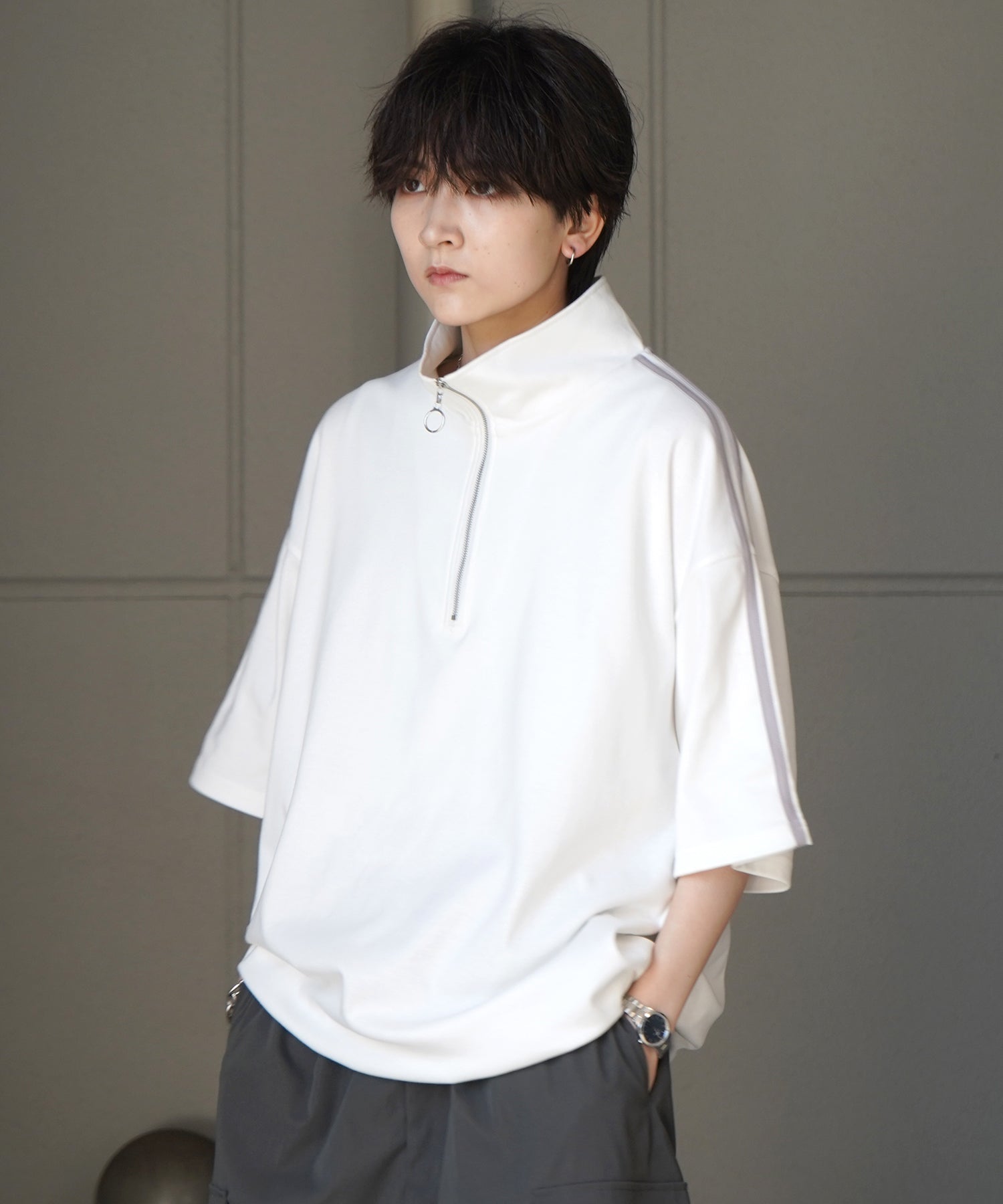 25SS ナチュラルドレープ とろみポンチ ルーズシルエット ドロスト サイドライン ハーフジップ半袖Tシャツ