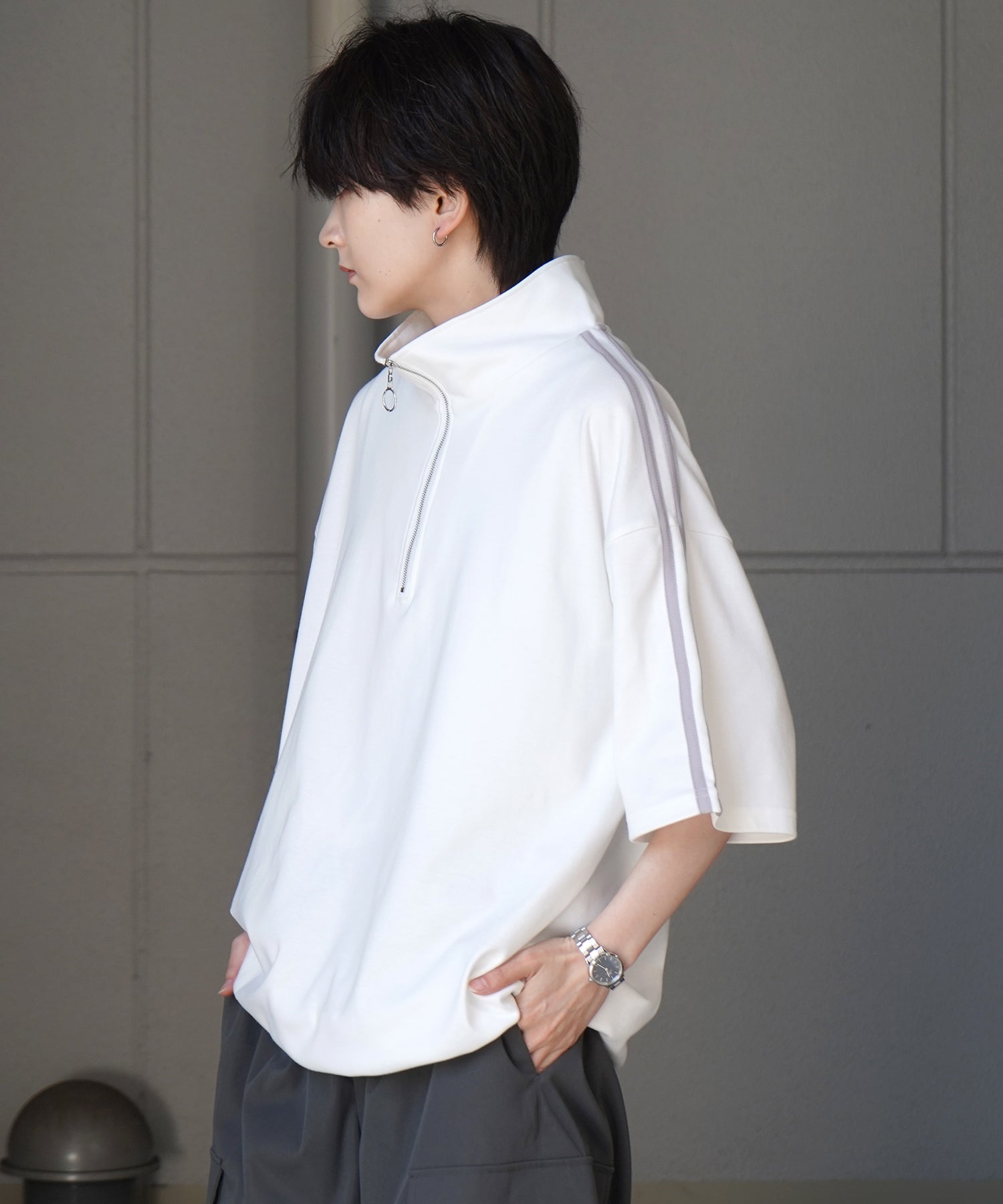 25SS ナチュラルドレープ とろみポンチ ルーズシルエット ドロスト サイドライン ハーフジップ半袖Tシャツ