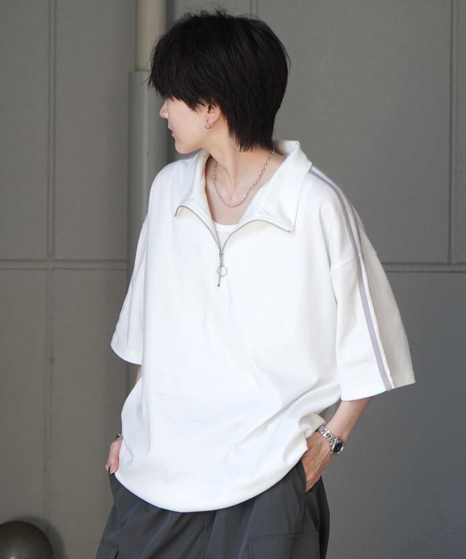 25SS ナチュラルドレープ とろみポンチ ルーズシルエット ドロスト サイドライン ハーフジップ半袖Tシャツ