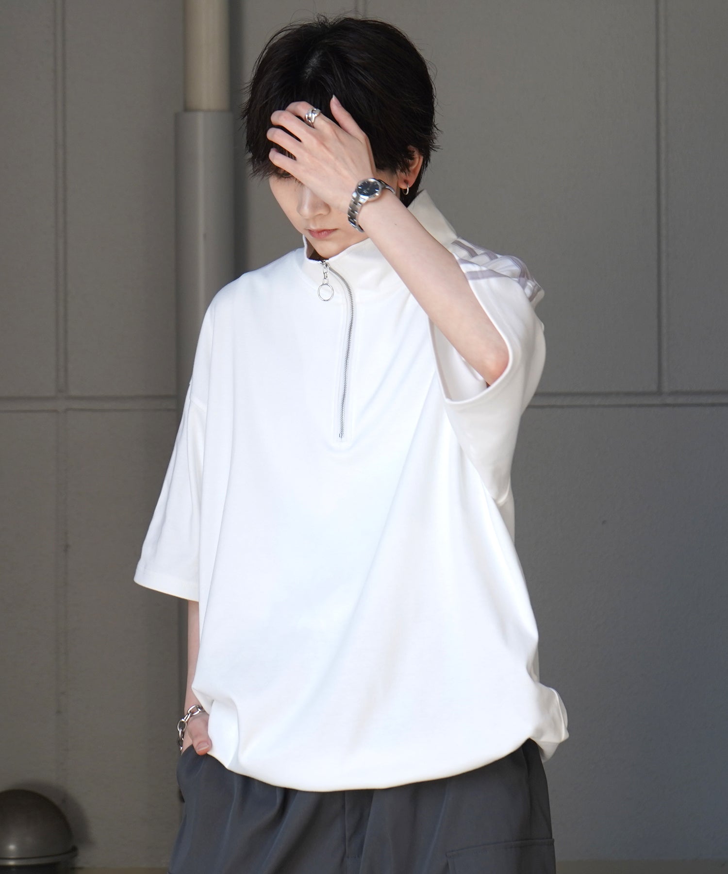 25SS ナチュラルドレープ とろみポンチ ルーズシルエット ドロスト サイドライン ハーフジップ半袖Tシャツ