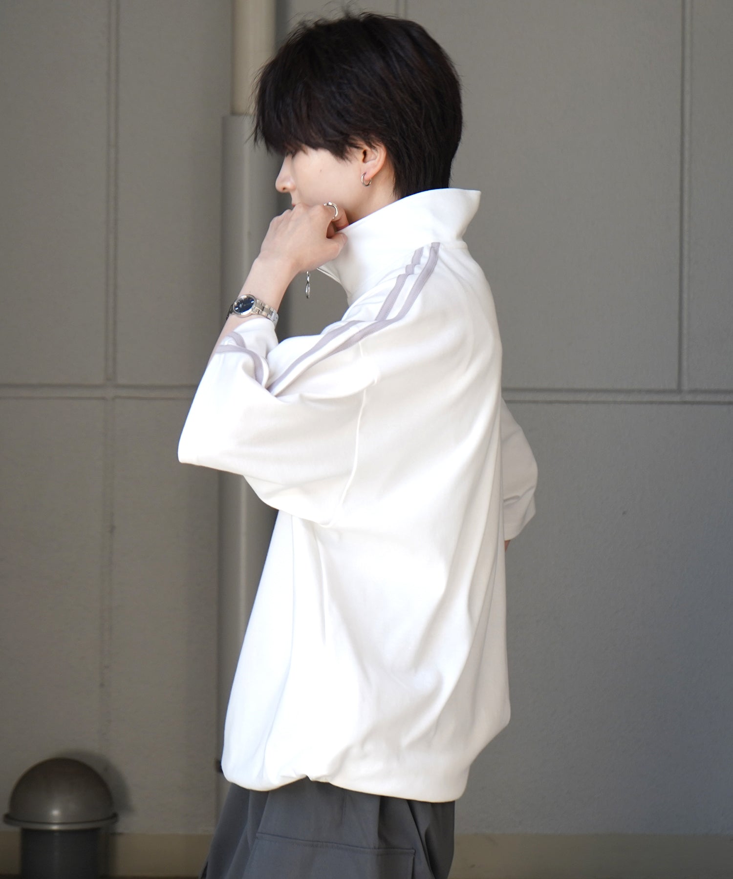 25SS ナチュラルドレープ とろみポンチ ルーズシルエット ドロスト サイドライン ハーフジップ半袖Tシャツ