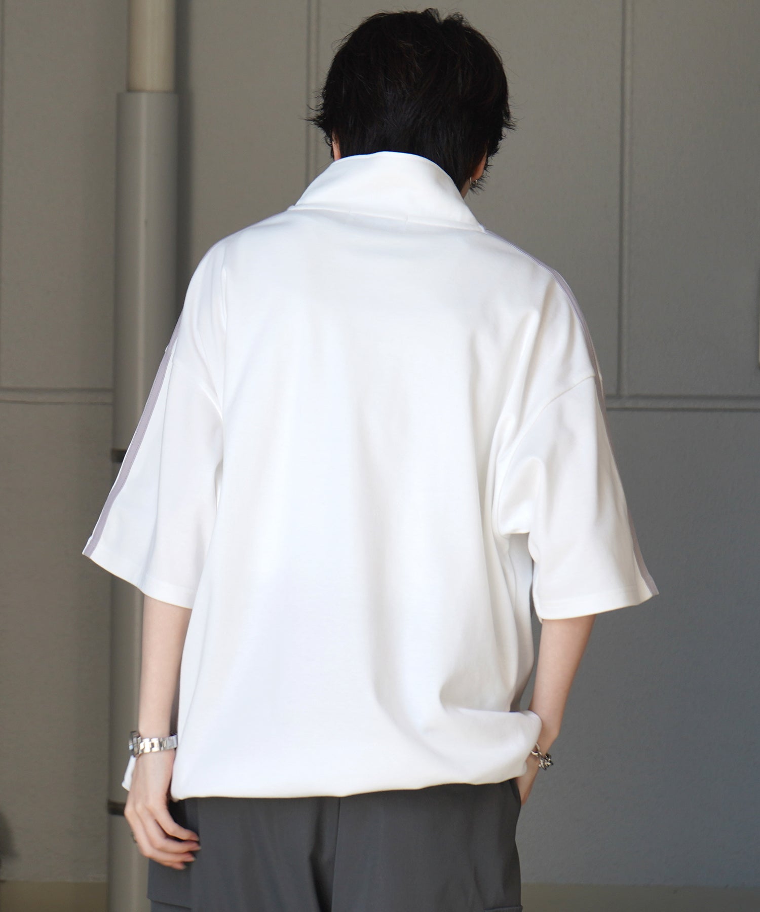 25SS ナチュラルドレープ とろみポンチ ルーズシルエット ドロスト サイドライン ハーフジップ半袖Tシャツ