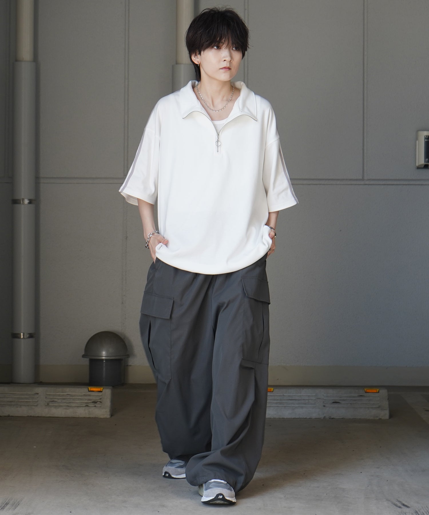 25SS ナチュラルドレープ とろみポンチ ルーズシルエット ドロスト サイドライン ハーフジップ半袖Tシャツ