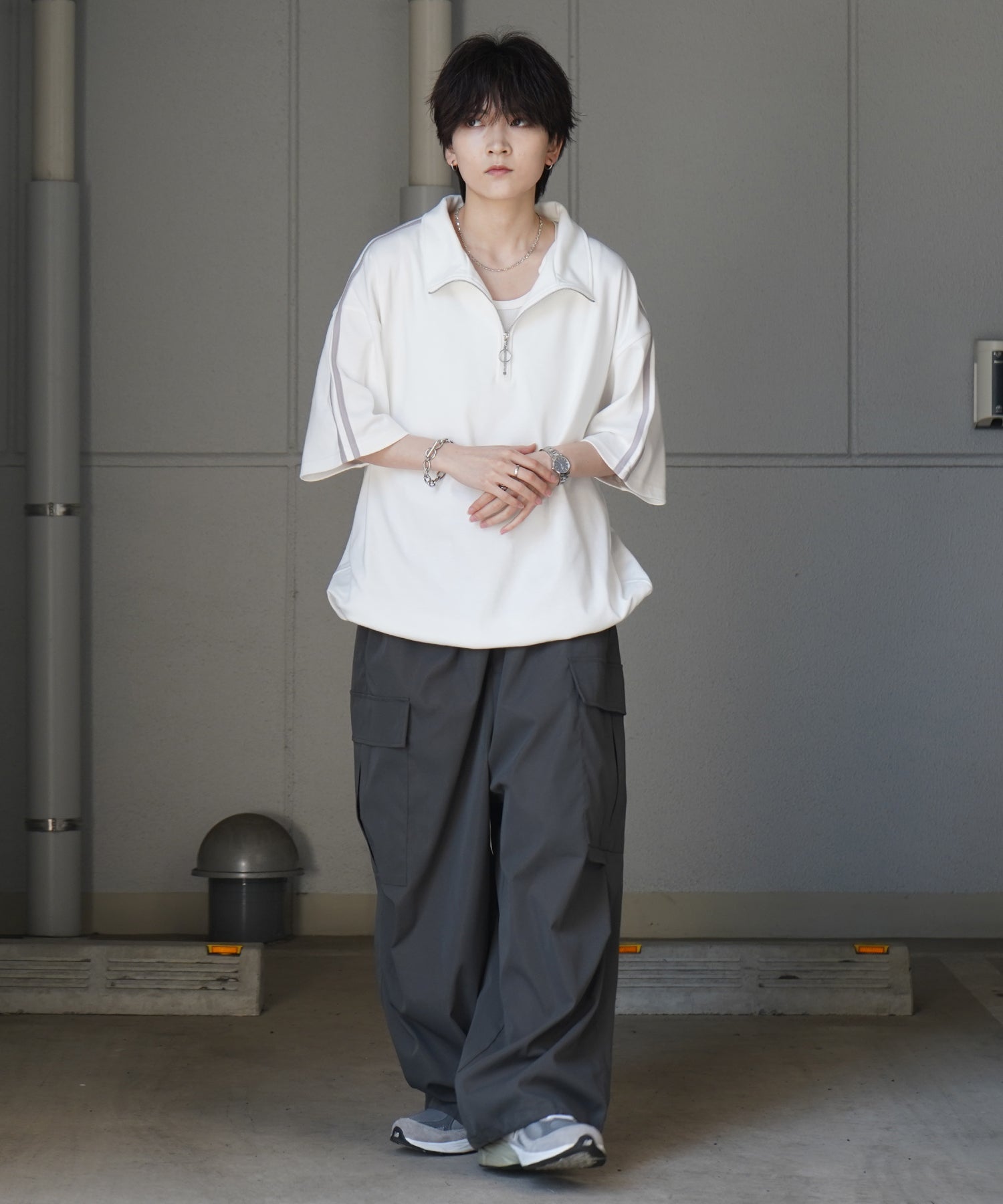 25SS ナチュラルドレープ とろみポンチ ルーズシルエット ドロスト サイドライン ハーフジップ半袖Tシャツ