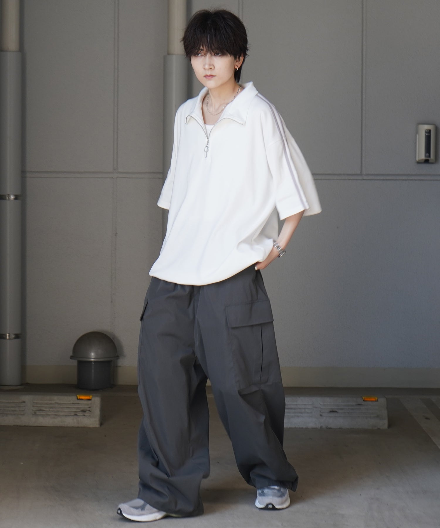 25SS ナチュラルドレープ とろみポンチ ルーズシルエット ドロスト サイドライン ハーフジップ半袖Tシャツ