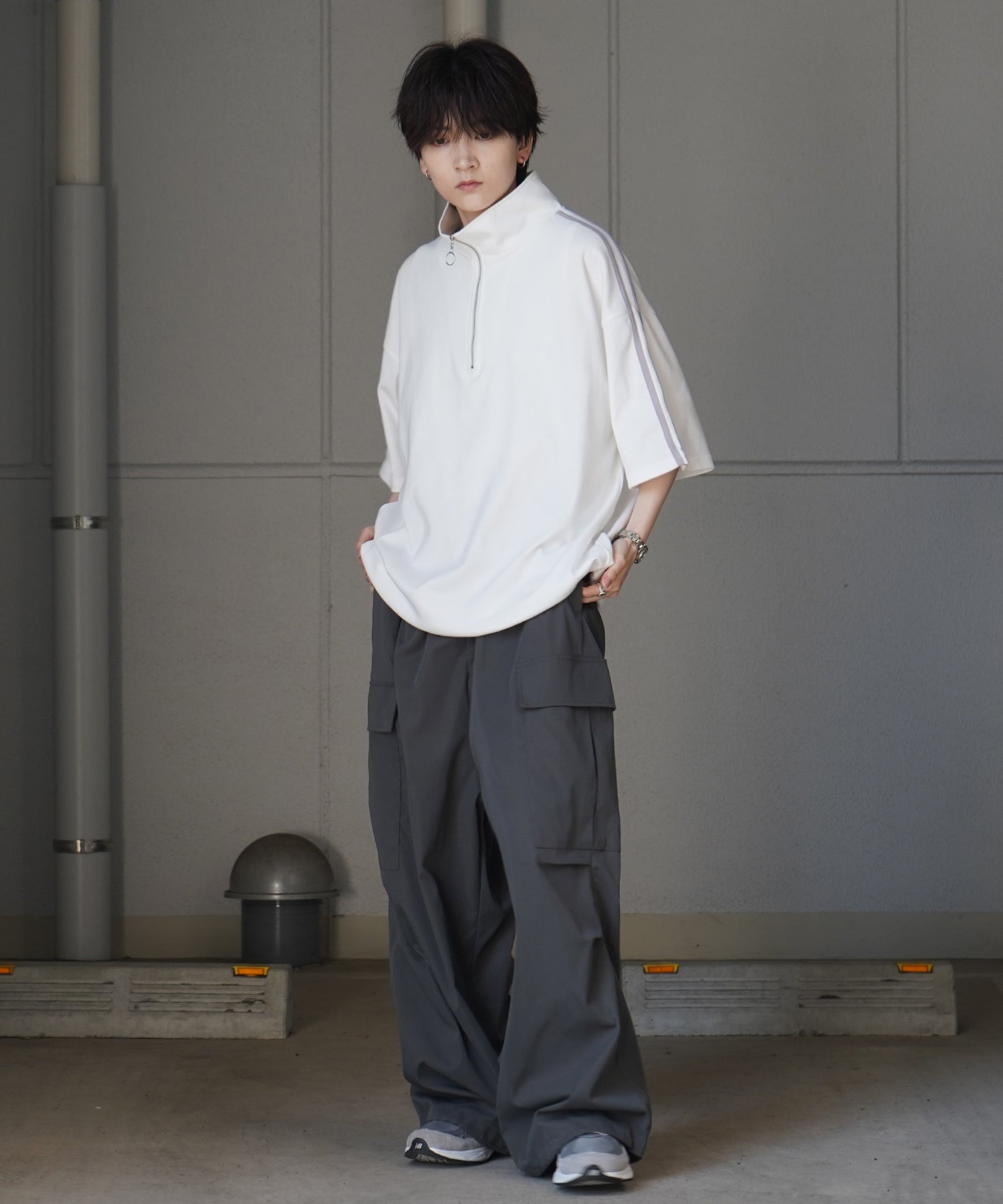 25SS ナチュラルドレープ とろみポンチ ルーズシルエット ドロスト サイドライン ハーフジップ半袖Tシャツ